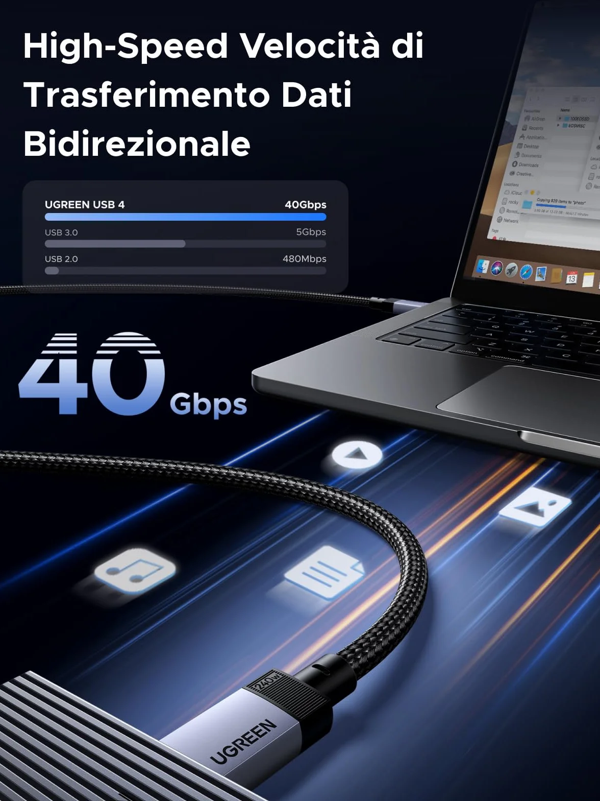 UGREEN Cavo USB C Video 8K@60hz, USB4 GEN3 40Gbps, 240W Ricarica Rapida PD 3.1, Compatibile con Macbook Air, HP, ASUS, iPhone 17 Pro Max Air/16/15 Pro Max, Galaxy S26/S25 Ultra, Monitor. 1M