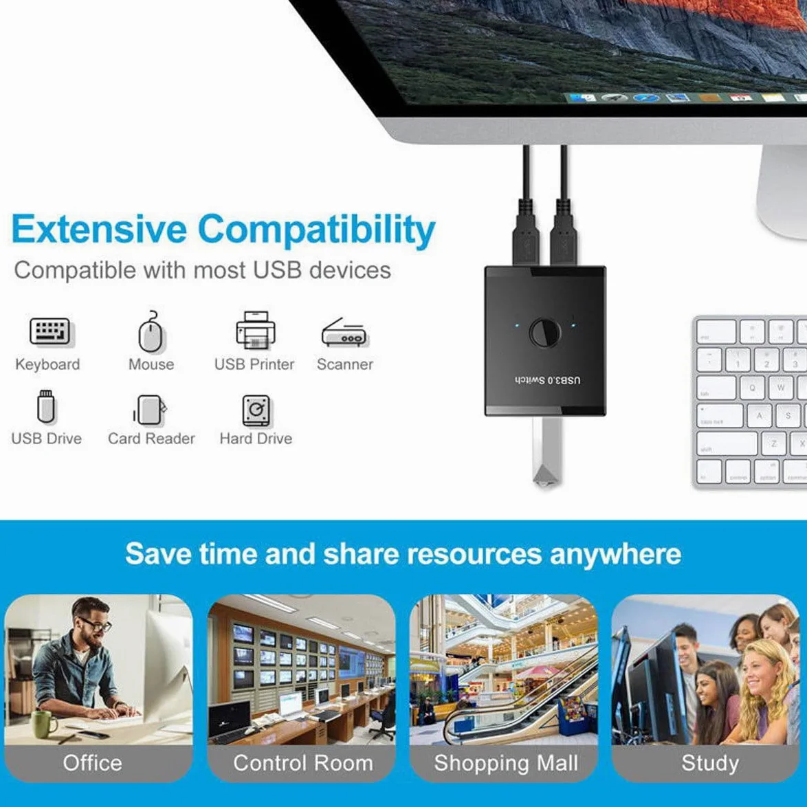Xiwai Selettore di commutazione bidirezionale USB 3.0 KVM da 2 a 1 PC di condivisione o da 1 a 2 Hub per tastiera Mouse Scanner Stampante