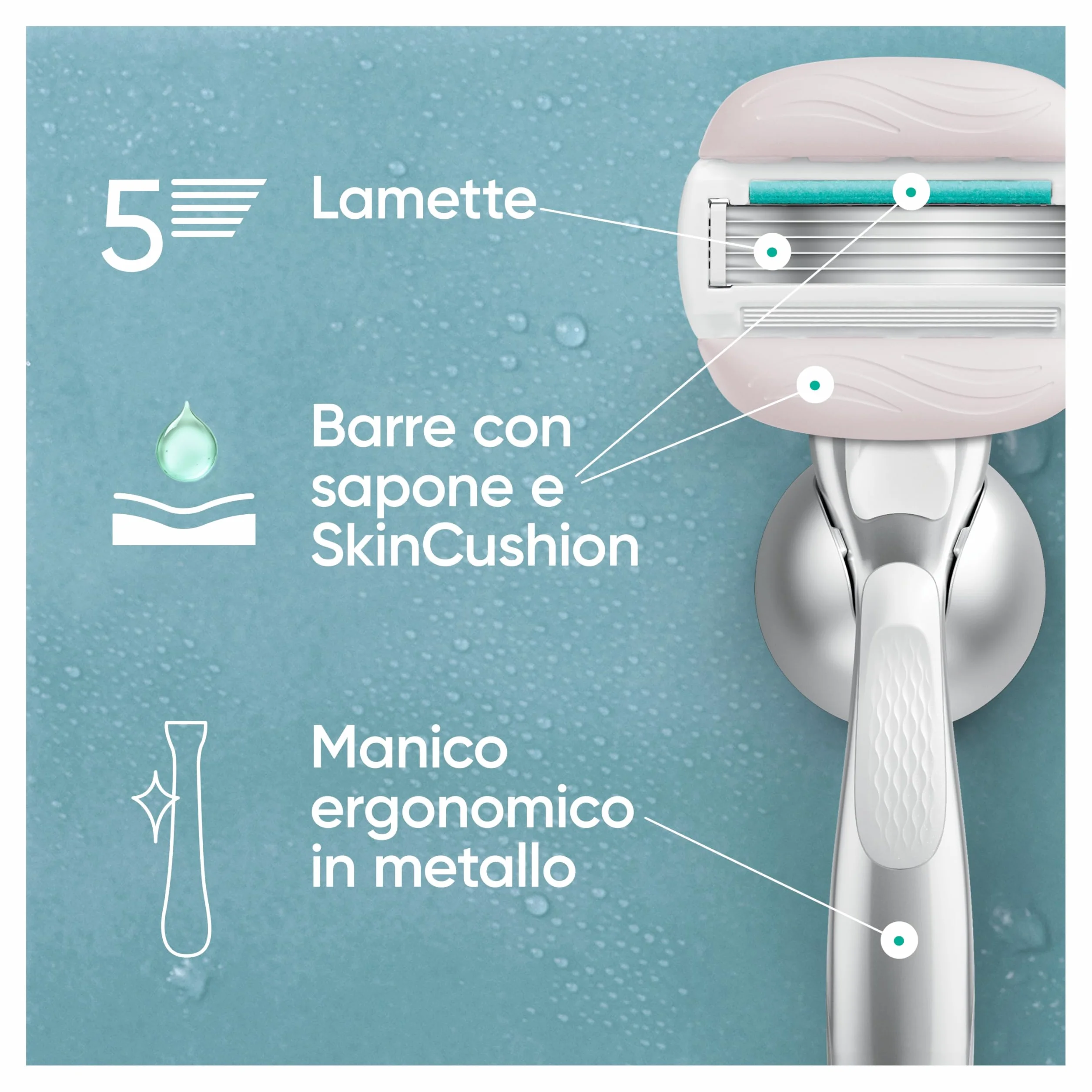 Gillette Venus Pro Comfortglide Sensitive Rasoio da Donna con Aloe, 4 Lamette di Ricambio, Manico Metallo e Gancio Doccia