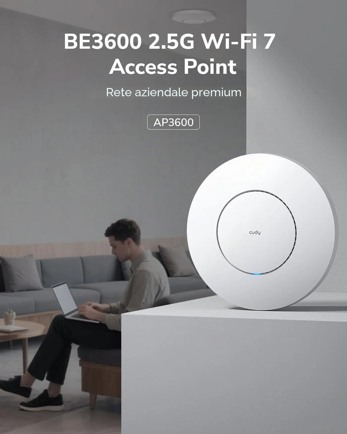 Cudy BE3600 Supporto a soffitto dual band, Wi-Fi 7, punto di accesso wireless, 4 stream, porta 2,5 G, MU-MIMO, controllo tramite app Cudy, alimentazione PoE o DC (non inclusi nella confezione), AP3600