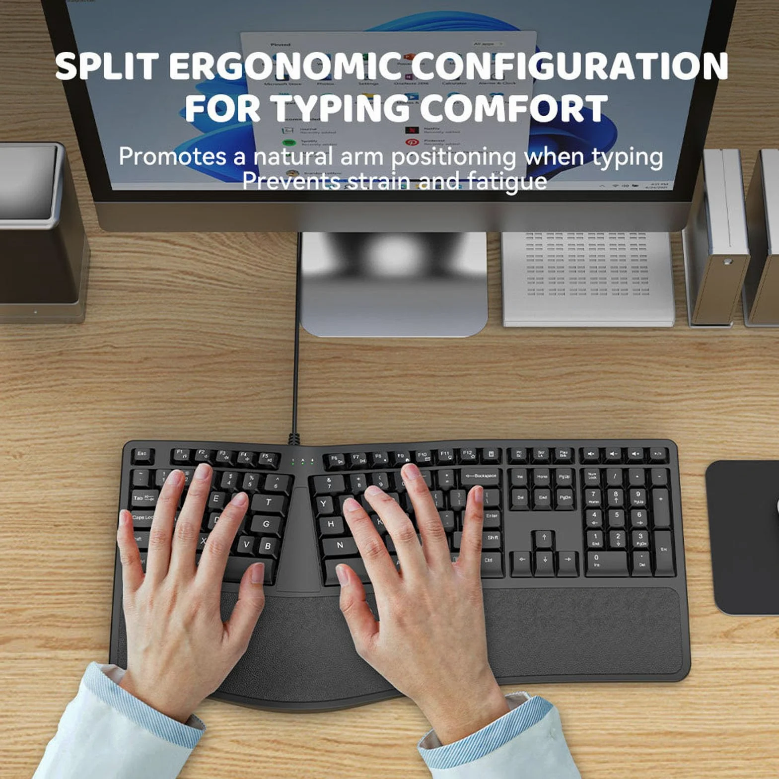 Tastiera Ergonomica Divisa, Tastiera per Computer USB 2.0 Cablata con 110 Tasti e Design Silenzioso, con Poggiapolsi Ad per PC Portatile, comodità di Digitazione in Ufficio