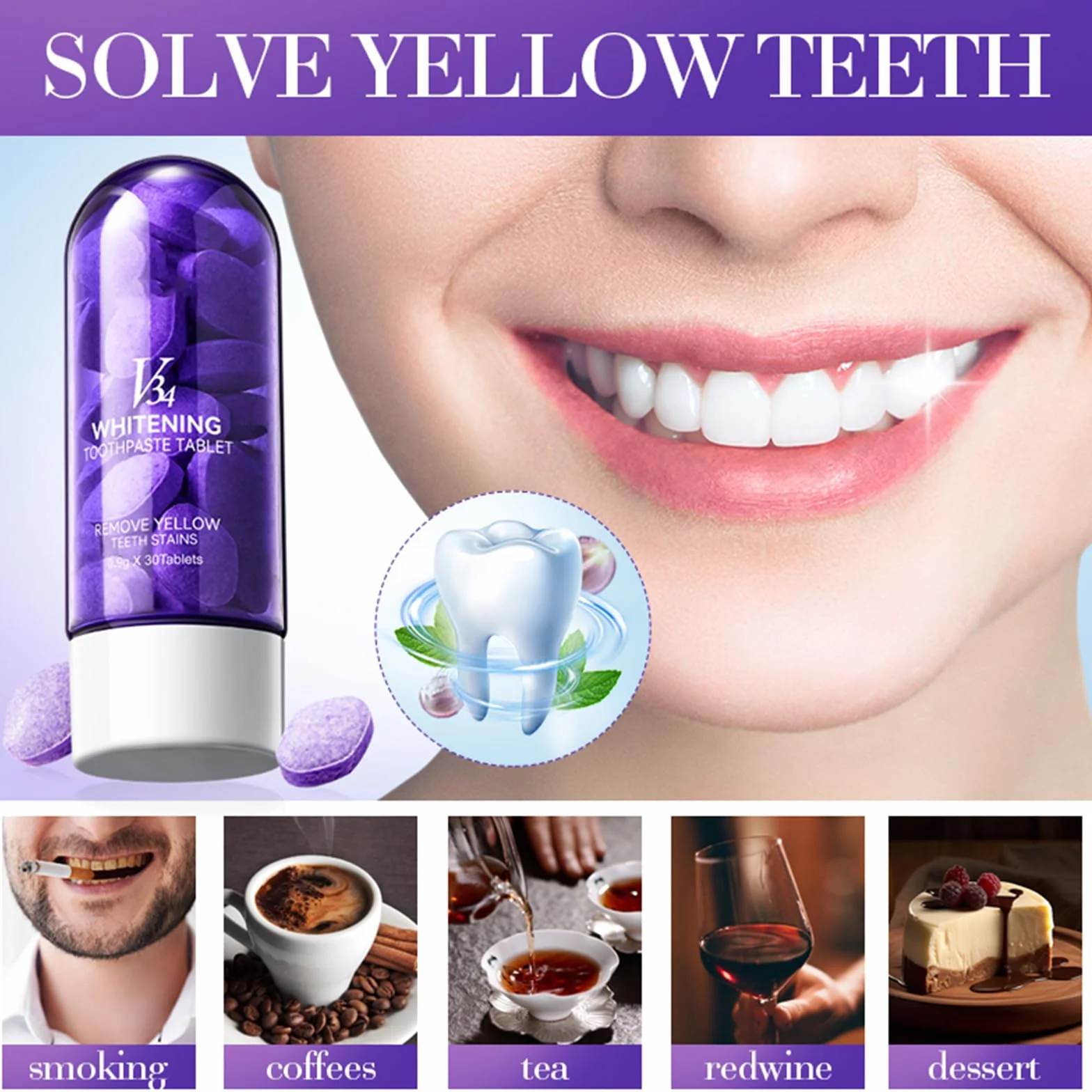 Compresse Sbiancanti per Denti 60 Conteggio - Sbiancamento Istantaneo, Rimuove Macchie Gialle
