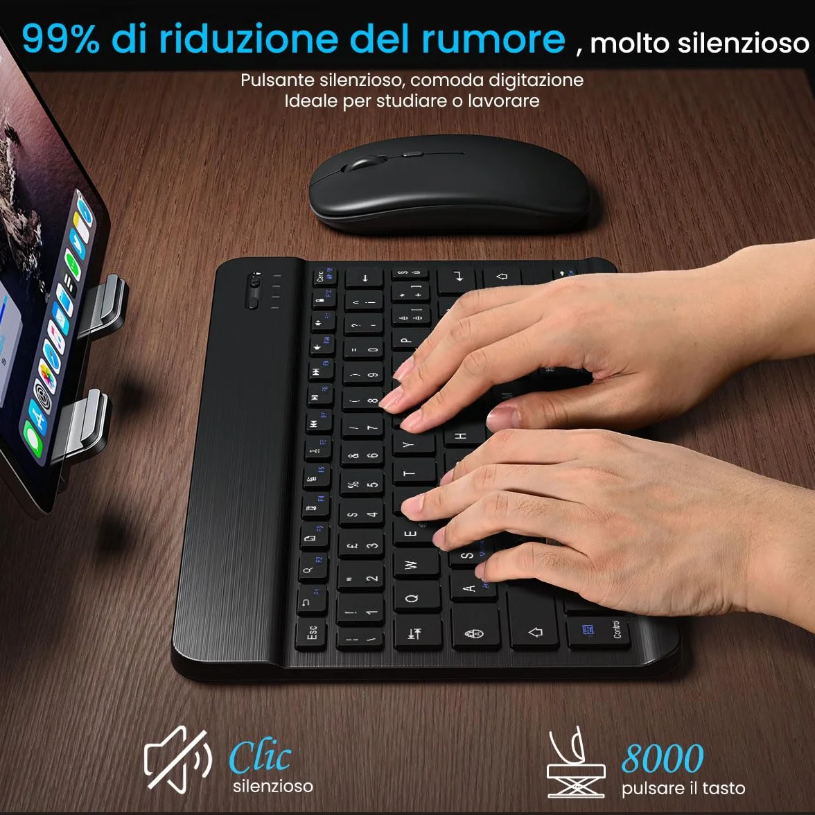 Cimetech Tastiera e mouse wireless Bluetooth, tastiera ergonomica ultrasottile con batteria ricaricabile integrata per iOS, Mac, iPad, Windows e sistemi operativi Android 3.0, Italiano QWERTY, nero