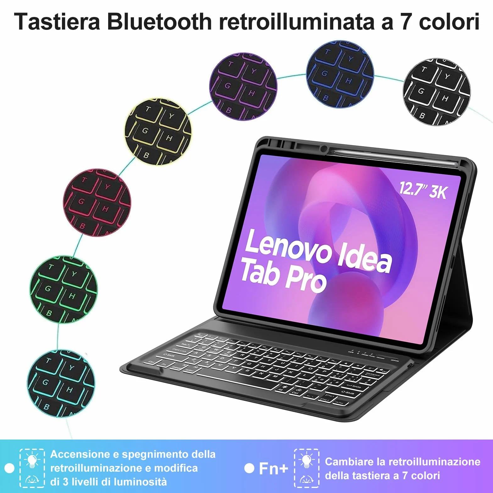 IVEOPPE Cover Tastiera Lenovo Idea Tab Pro 12.7 Pollici 2025, Custodia Tastiera Italiano 7 Colori Retroilluminata Bluetooth Staccabile per Lenovo Xiaoxin Pad Pro 12,7 2025, Nero