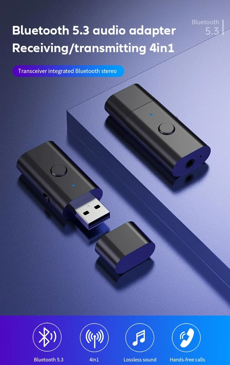 Ricetrasmettitore 5.3 Adattatore USB 2 in 1, adattatore USB Bluetooth, adattatore USB wireless AUX da 3,5 mm, bassa latenza, microfono integrato, streaming musicale, chiamate in vivavoce,