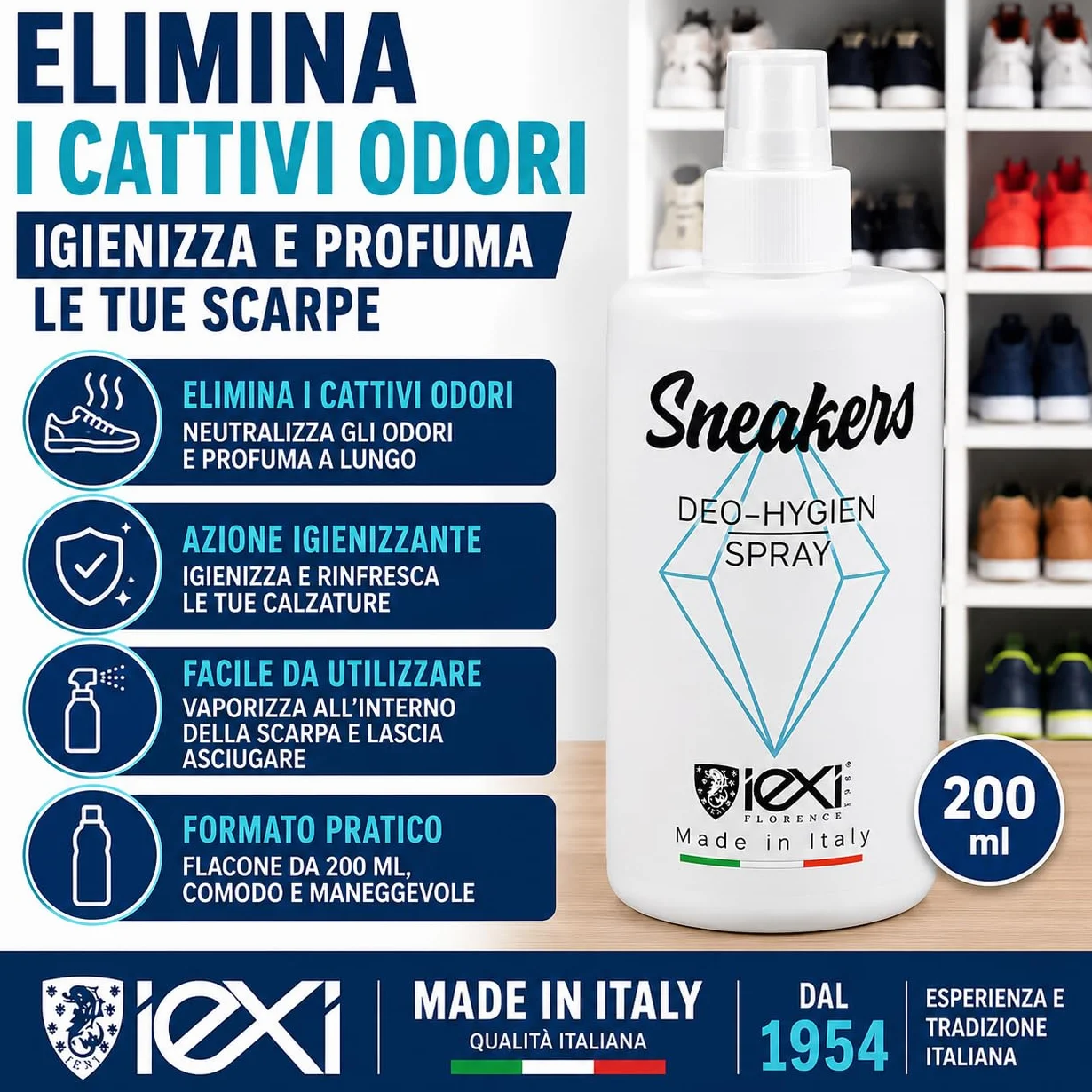 IEXI Deodorante Professionale per Scarpe Spray Elimina Odori 200 ml Made in Italy Igienizzante Calzature