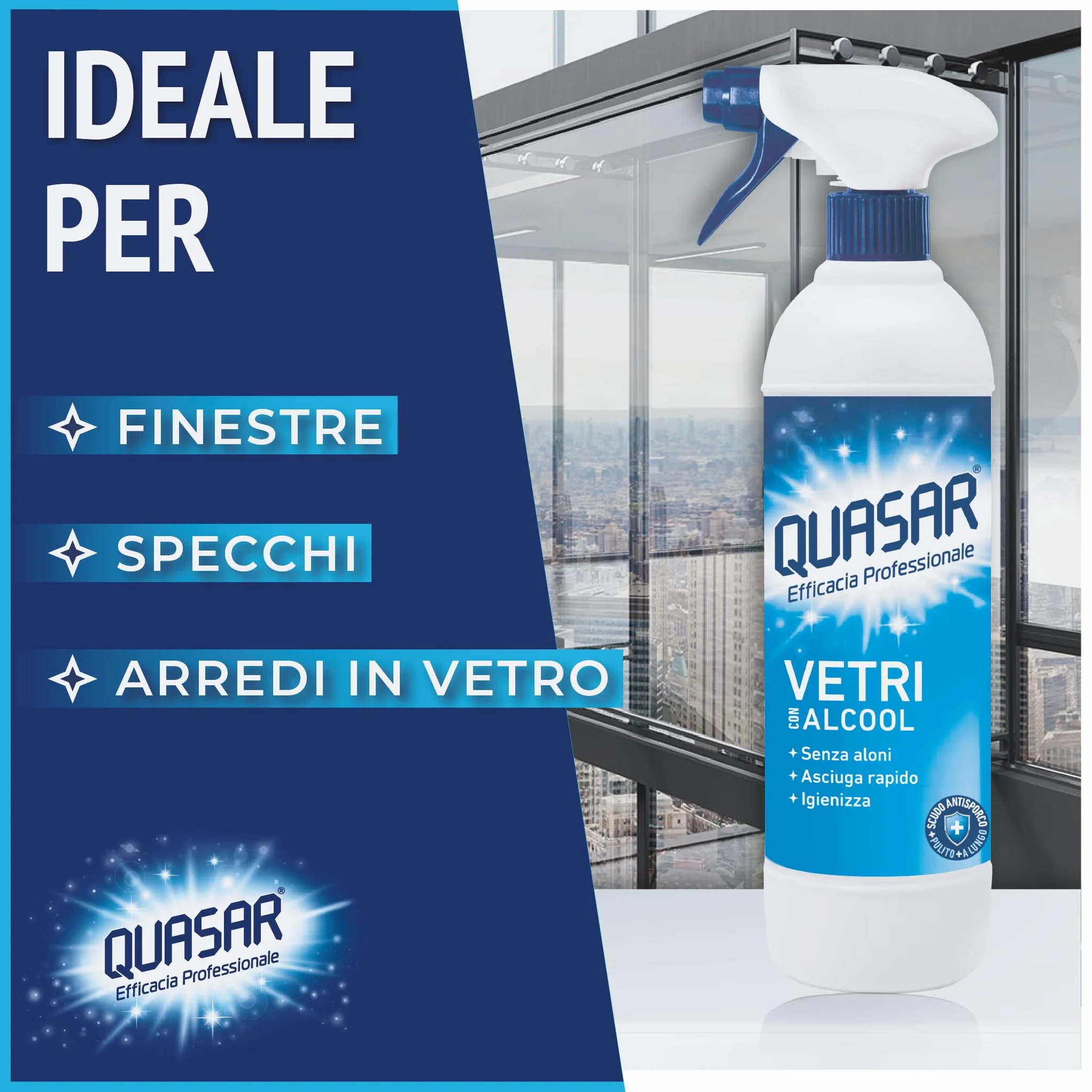 Quasar Ricarica Vetri con Alcool 680 ml - Senza Aloni, Asciuga Rapido, Igienizza