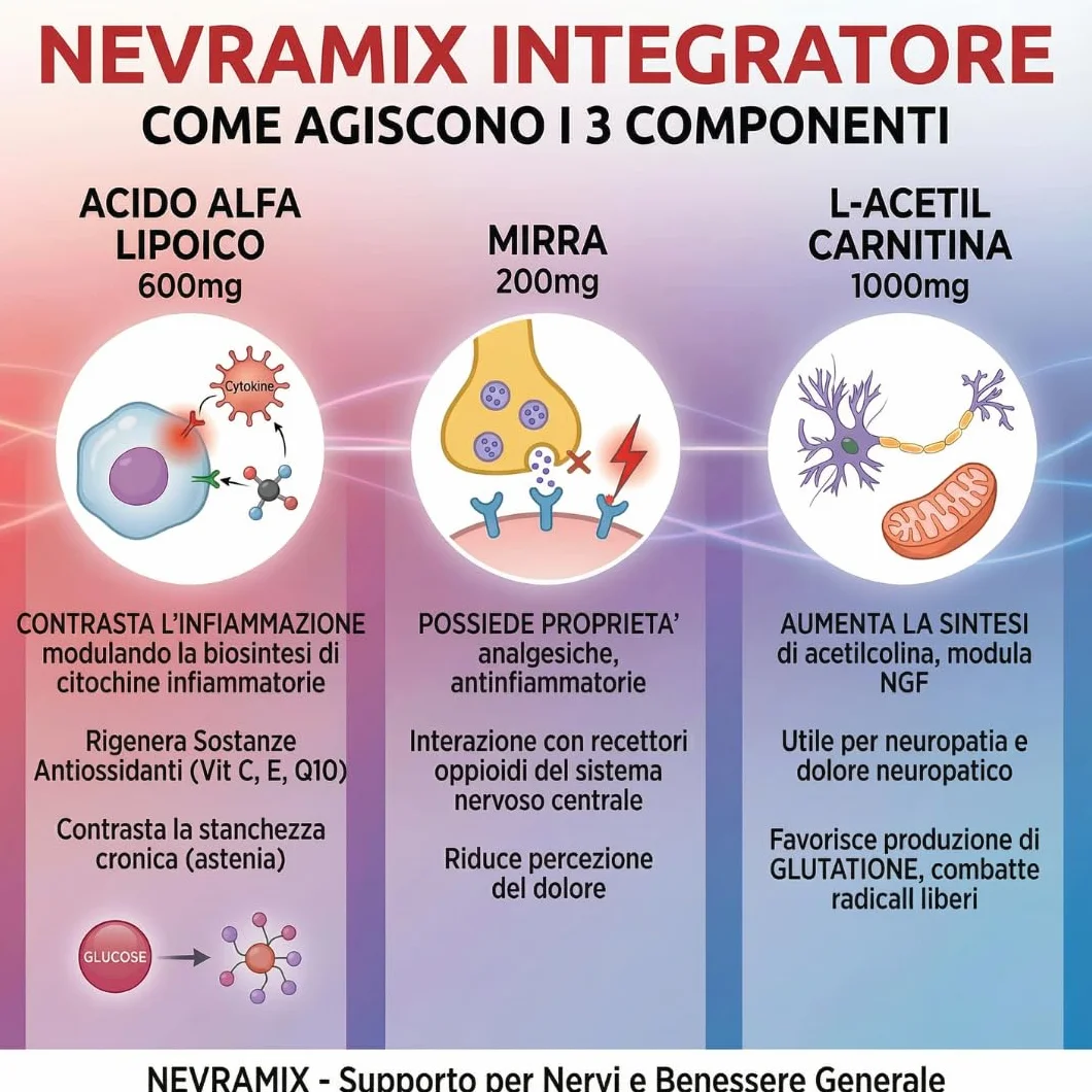NEVRAMIX Integratore Acido Alfa Lipoico, Carnitina e Mirra per Benessere Sistema Nervoso 20 Compresse