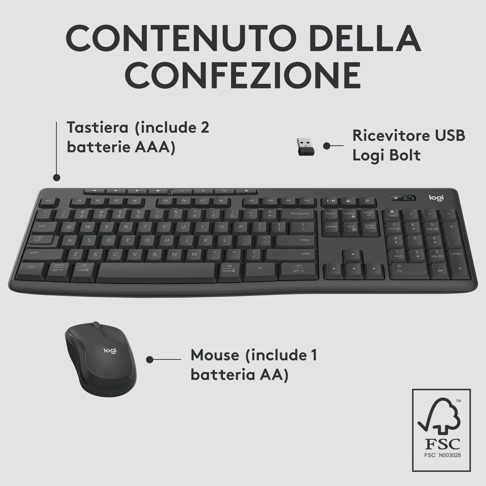 Logitech MK370 Combo for Business, Tastiera e Mouse Wireless Full-Size, ricevitore USB Logi Bolt Sicuro, Bluetooth, Certificazione Globale Windows/Mac/Chrome, Linux, Italiano QWERTY - Grigio