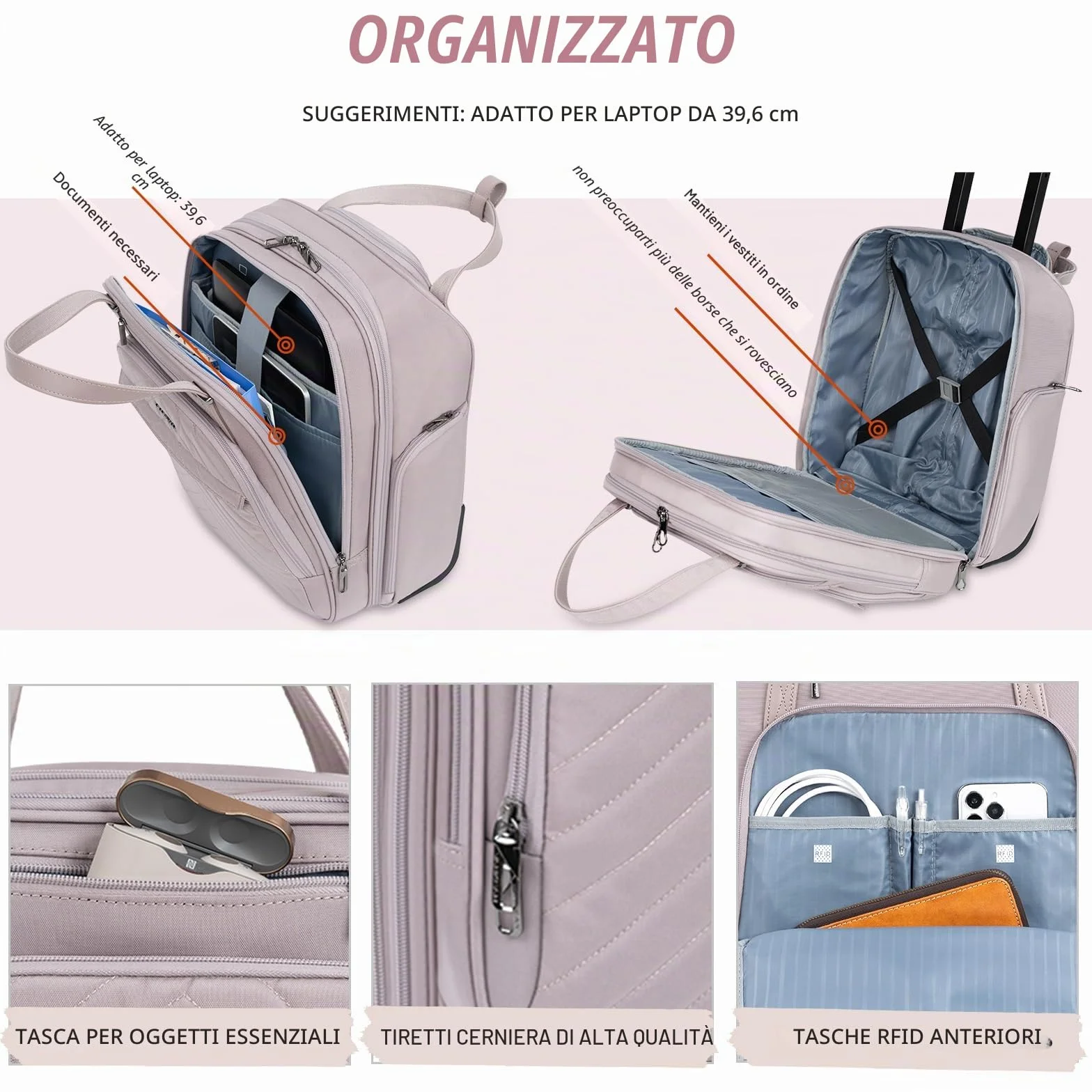 VANKEAN Valigia da Notte Leggera Multifunzione Sotto il Sedile 30,5 cm x 18 cm x 40 cm Grigio Rosa