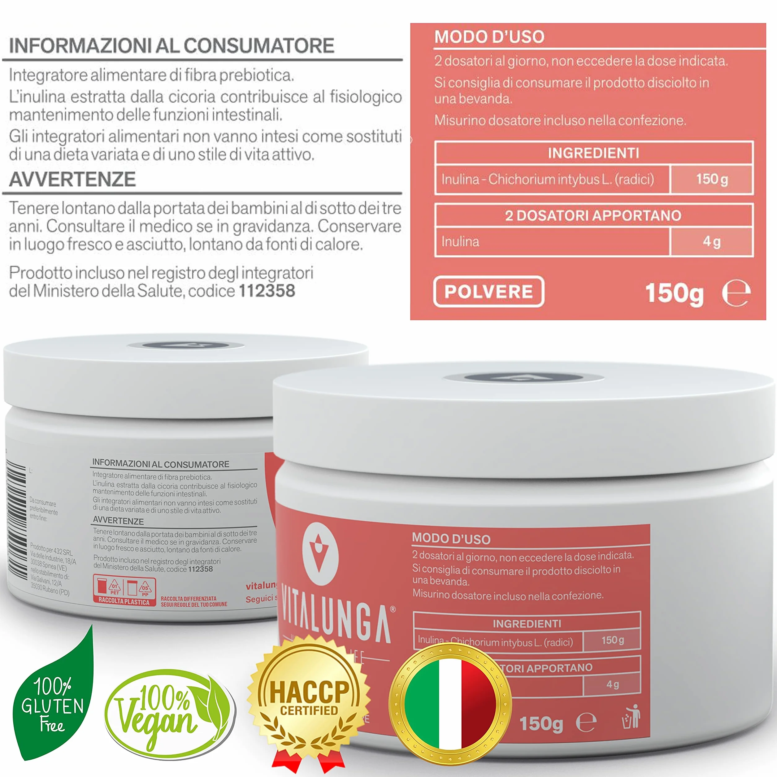 Inulina in Polvere 100% Fibra Prebiotica da Cicoria Vegan Senza Glutine 150g Vitalunga