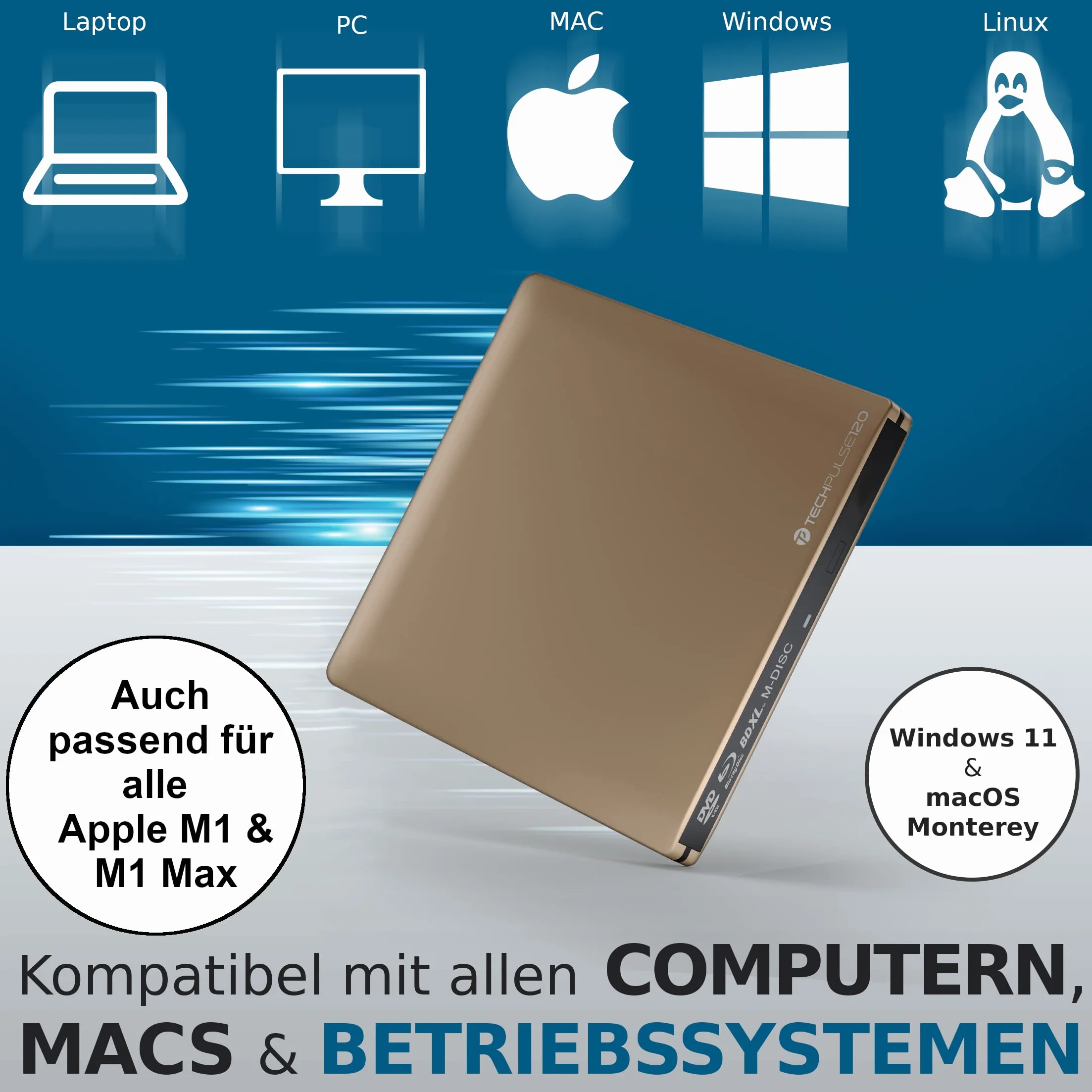 techPulse120 USB 3.0 3D Scrittore Lettore Blu-Ray BD BDXL M-Disc Masterizzatore Esterno Unità Blueray DVD CD Burner CD/DVD Esterna Oro