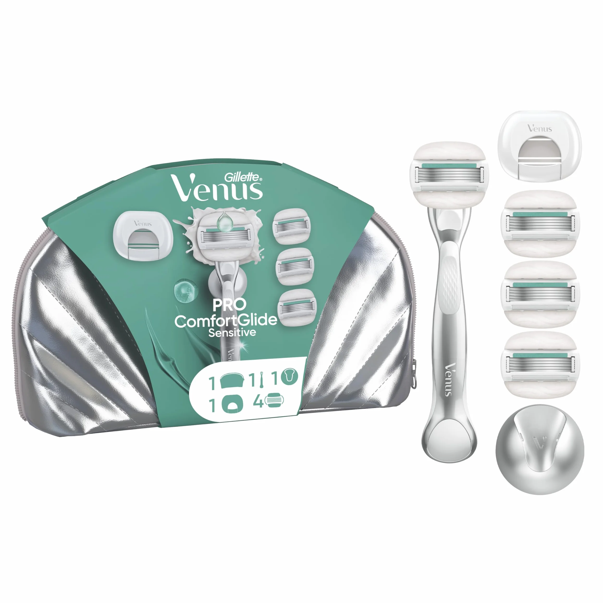 Gillette Venus Pro Comfortglide Sensitive Rasoio da Donna con Aloe, 4 Lamette di Ricambio, Manico Metallo e Gancio Doccia