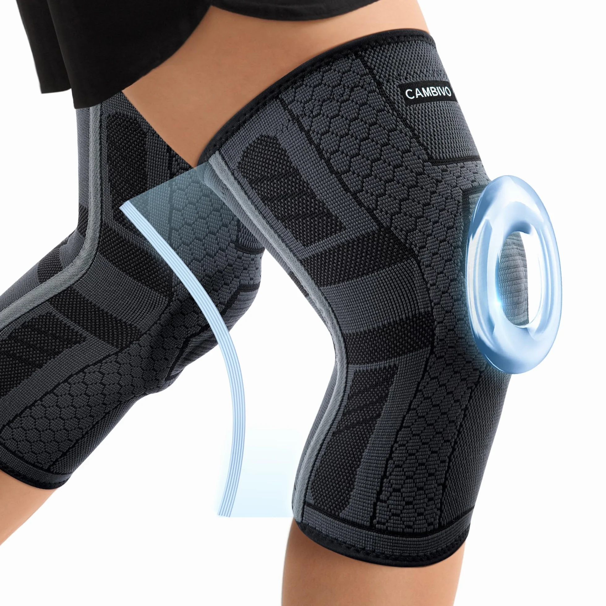 CAMBIVO Ginocchiera Ortopedica Compressione 2 Pezzi con Stabilizzatori Laterali PMMA e Gel Pad Rotulea