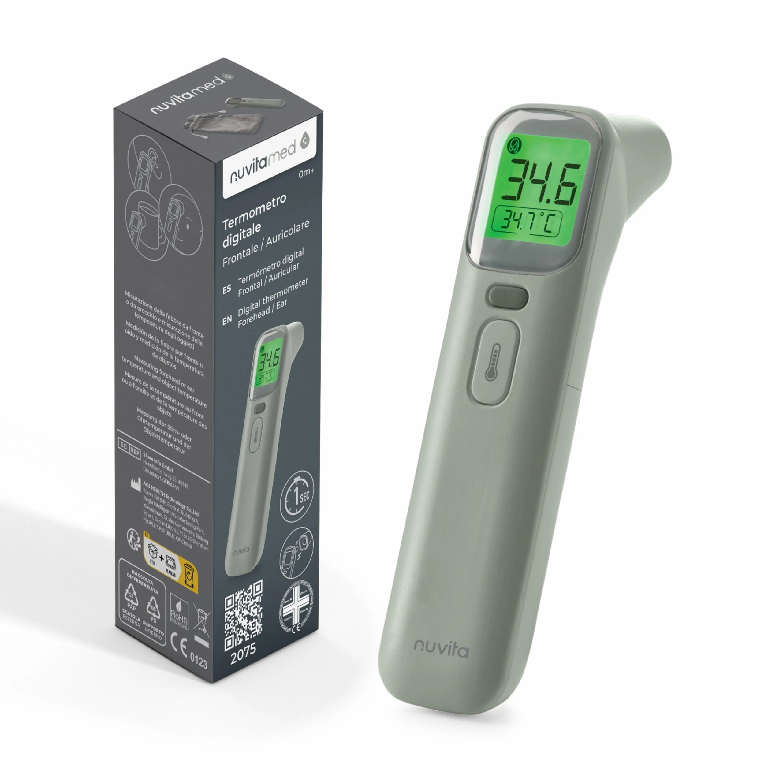Nuvita 2075 Termometro Digitale Frontale e Auricolare 1 Secondo 4 Modalità Memoria Allarmi