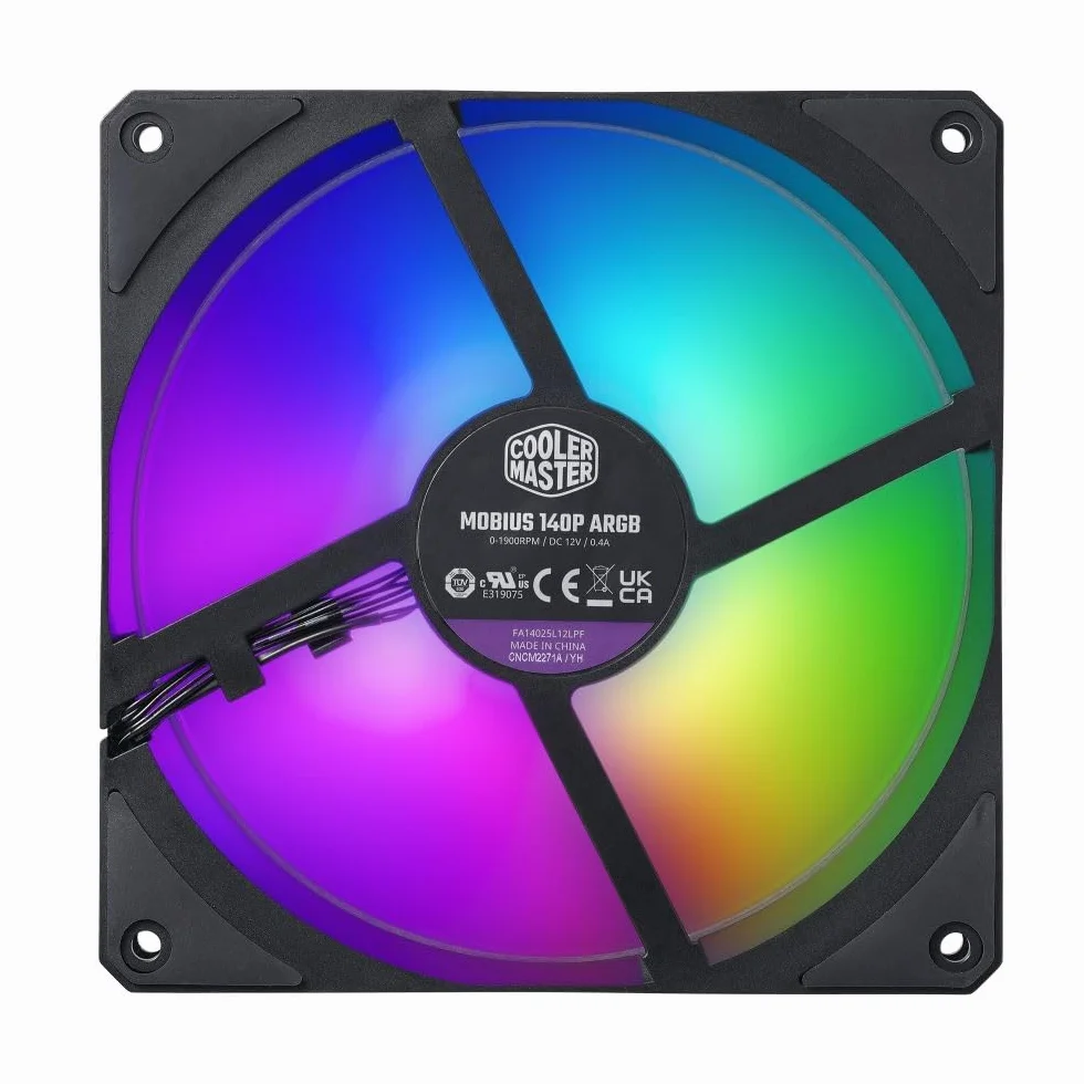Ventola per radiatore Cooler Master Mobius 140P ARGB - Design con lama ad anello (PWM), sistema cuscinetti dinamici ad anello (max. 76,5 CFM, 2,3 mmH2O, 30 dBA), telaio Air-Focus smussato RGB Gen 2