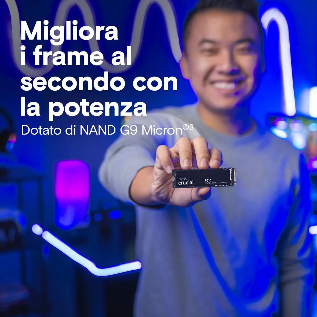 Crucial P510 SSD 2TB PCIe 5.0 x4 Gen5 NVMe M.2 , Velocità fino a 10.000 MB/s, Lettura, 8.700 MB/s in Scrittura, Compatibile con Notebook e PC Desktop, TLC NAND, Hard Disk Interno - CT2000P510SSD8-01