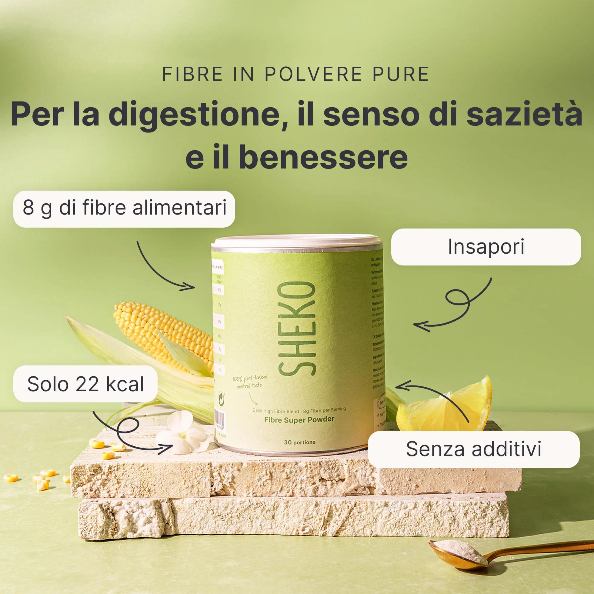 SHEKO Fibre Alimentari in Polvere 300g - Fibre ad Alto Dosaggio per la Digestione, Salute Intestinale, Saziante, Vegano, Senza Lattosio