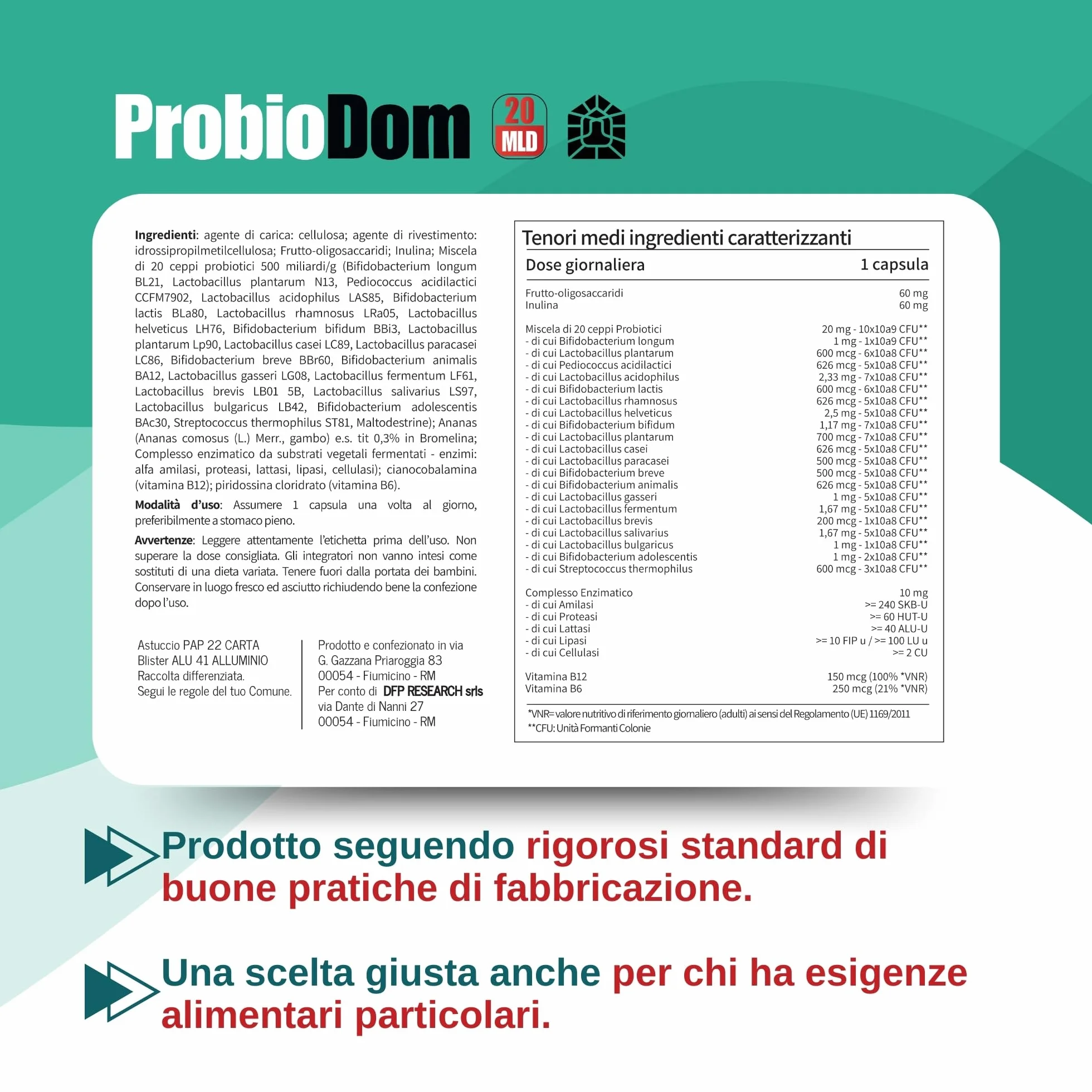 Probiotici e Prebiotici 20 Ceppi Formula Completa Bromelina Enzimi Digestivi Vitamine 30 CPS Vegane Domina Pharmaceutical