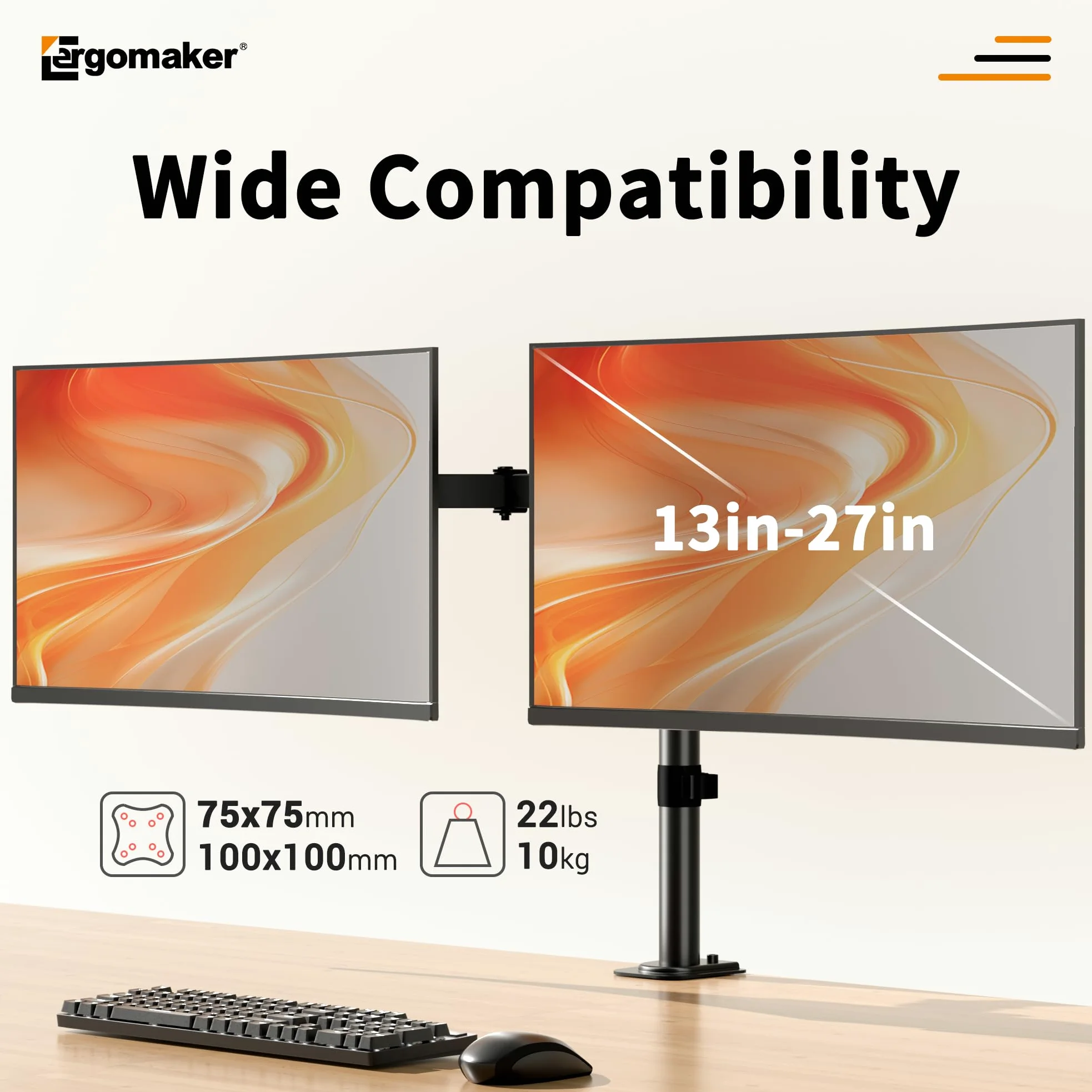 ERGOMAKER Supporto per doppio monitor per scrivanie, braccio per doppio monitor regolabile a movimento completo adatto a schermi LCD da 13" a 27".