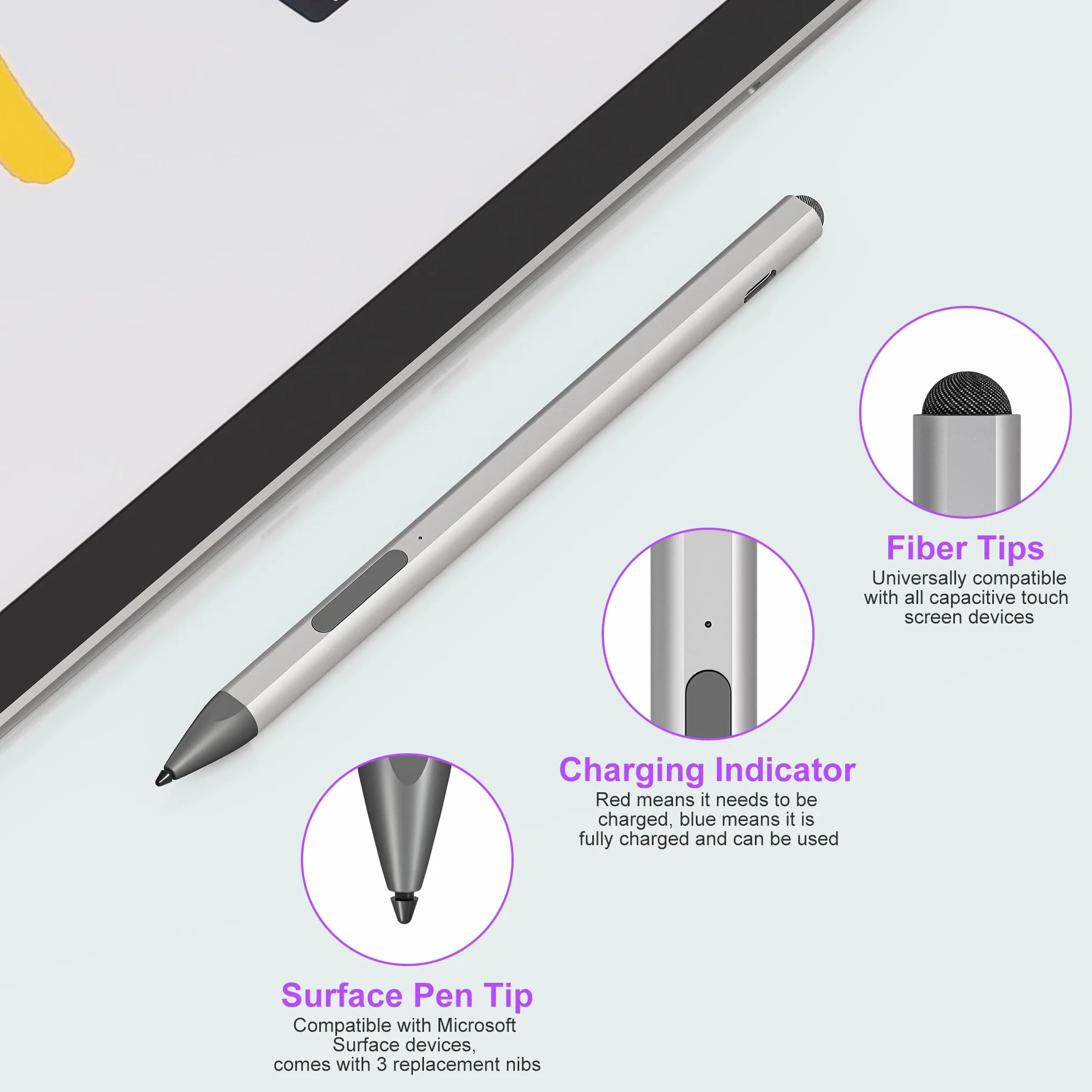 Penna Stylus per Surface Pro 11/10/9/8/7, Penna Ricaricabile con Palm Rejection e Aggancio Magnetico, 4096 Livelli di Pressione, per Surface Laptop 1 a 5, Go 3/2, Book, 3 Punte di Ricambio