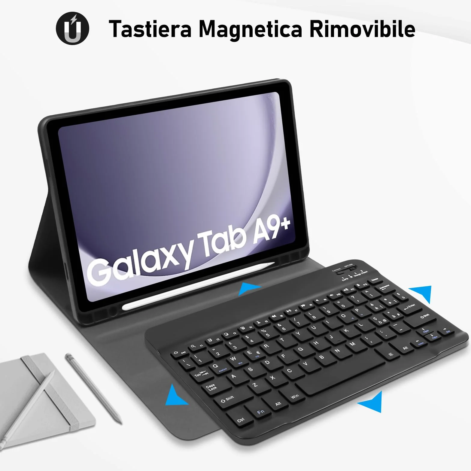 Tastiera Custodia per Samsung Galaxy Tab A9+ 2023 11 Pollici (SM-X210/X216/X218), Italiano QWERTY Rimovibile Bluetooth Tastiera, Custodia con Supporto Pencil per Samsung Galaxy Tab A9 plus-Nero