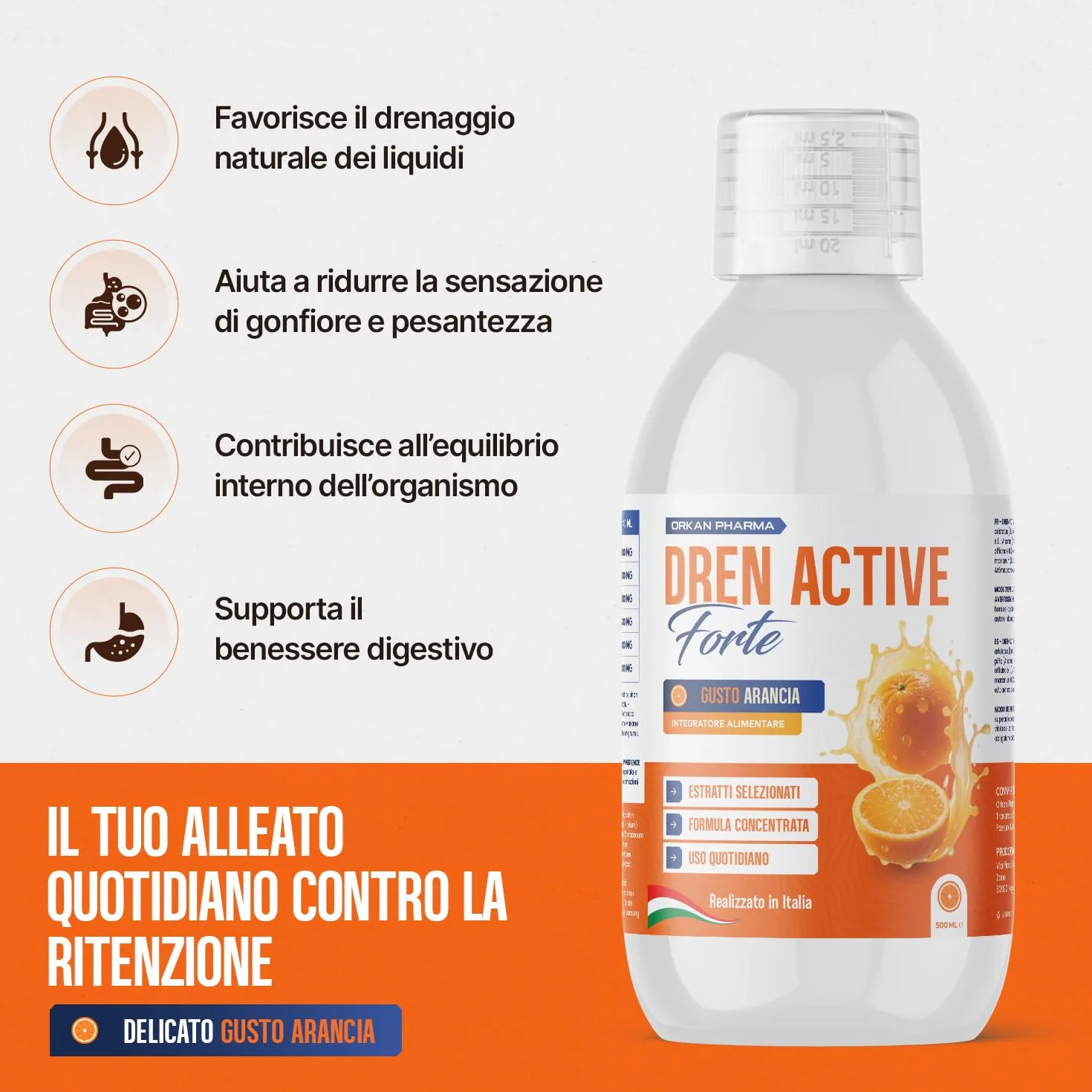 Diuretico Drenante Forte Detox Anticellulite 500 ML Gusto Arancia Made in Italy