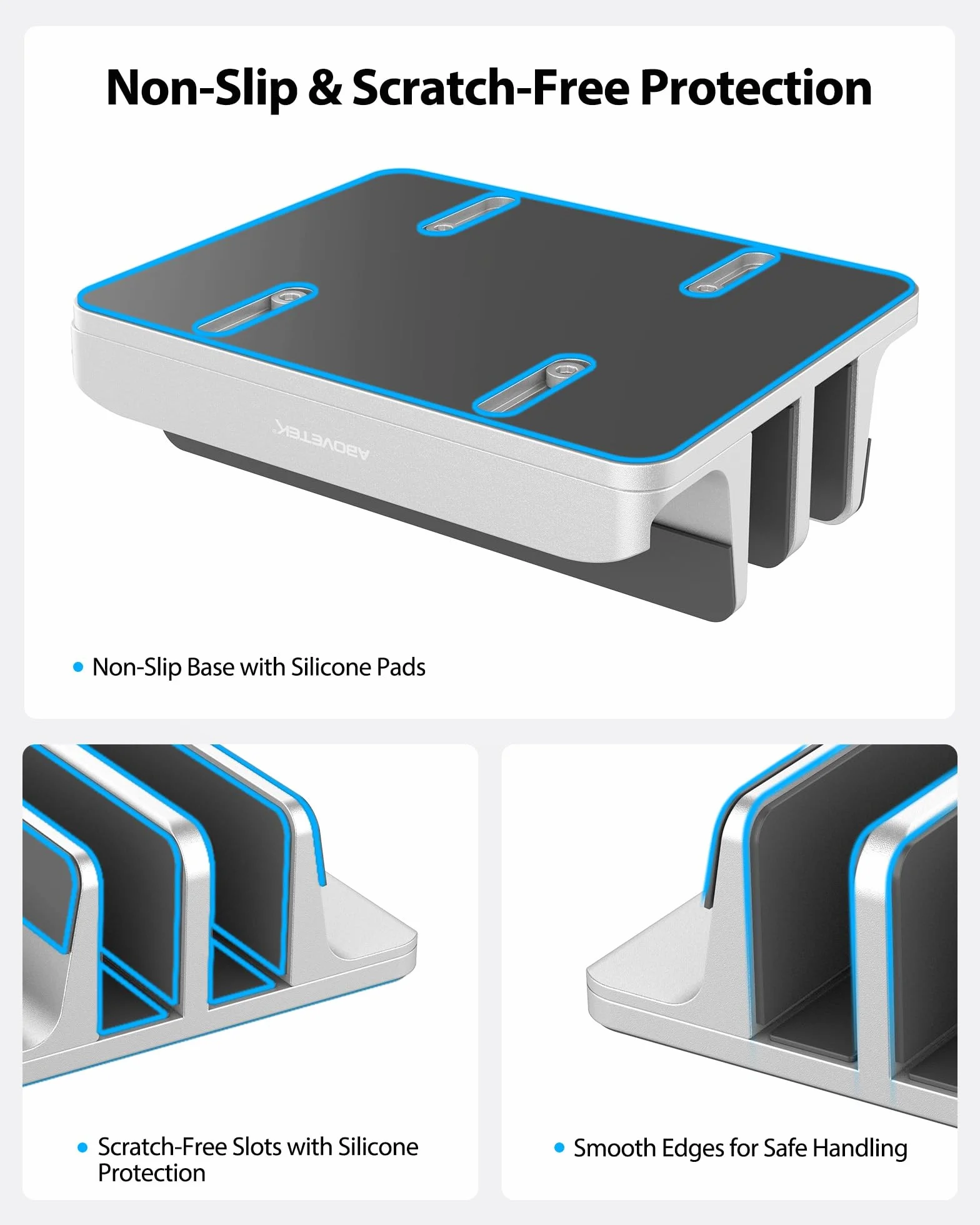 AboveTEK Supporto Laptop Verticale fino a 17,3 ", Porta per Laptop/Tablet/Cellulare 3 in 1 in Alluminio, Impugnature in Silicone Antiscivolo a 3 Slot per MacBook/Notebook/iPad/Telefono (Argento)