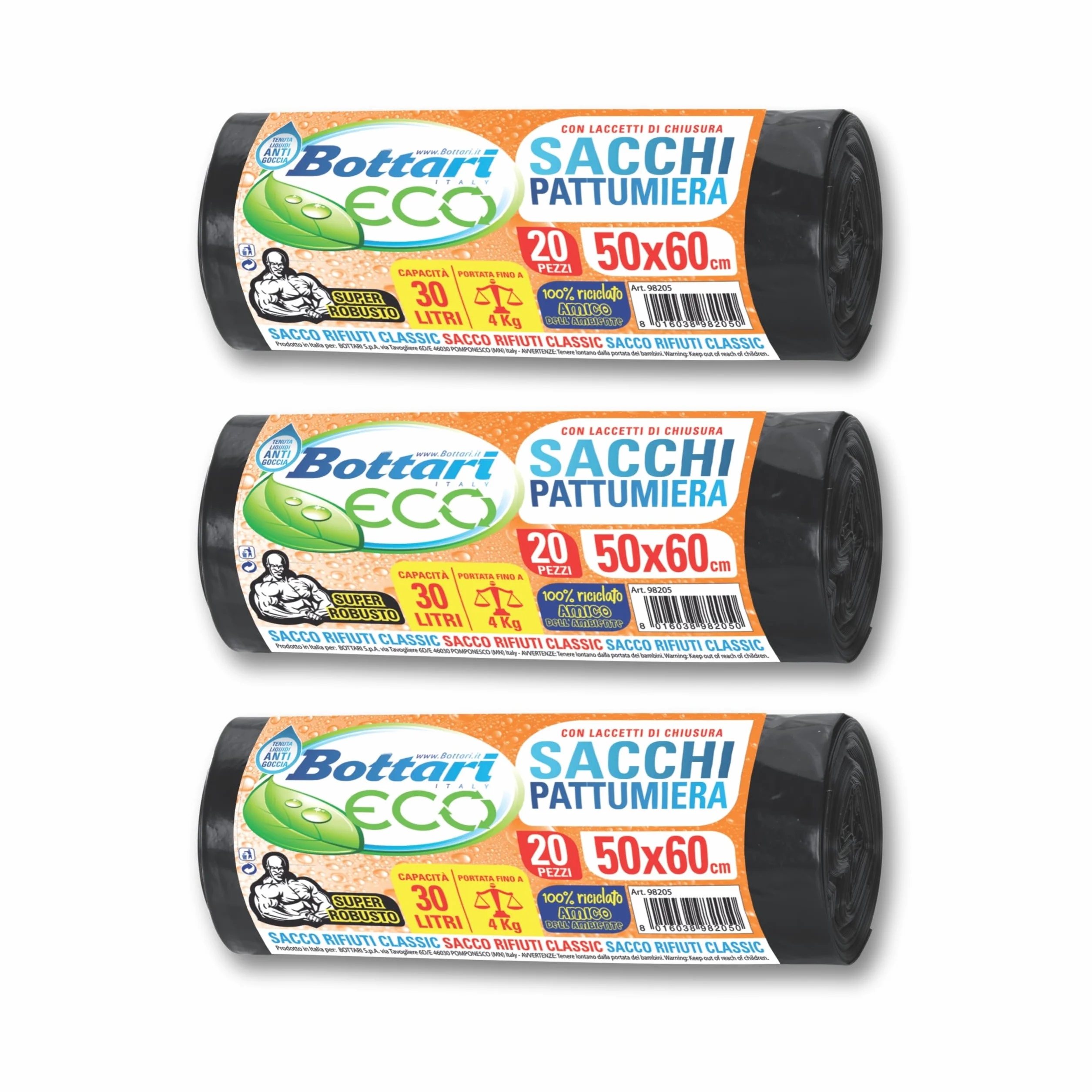 Bottari Sacchi Immondizia 30L 50x60 cm con Laccetti di Chiusura, Nero, 3 Rotoli da 20 Pezzi