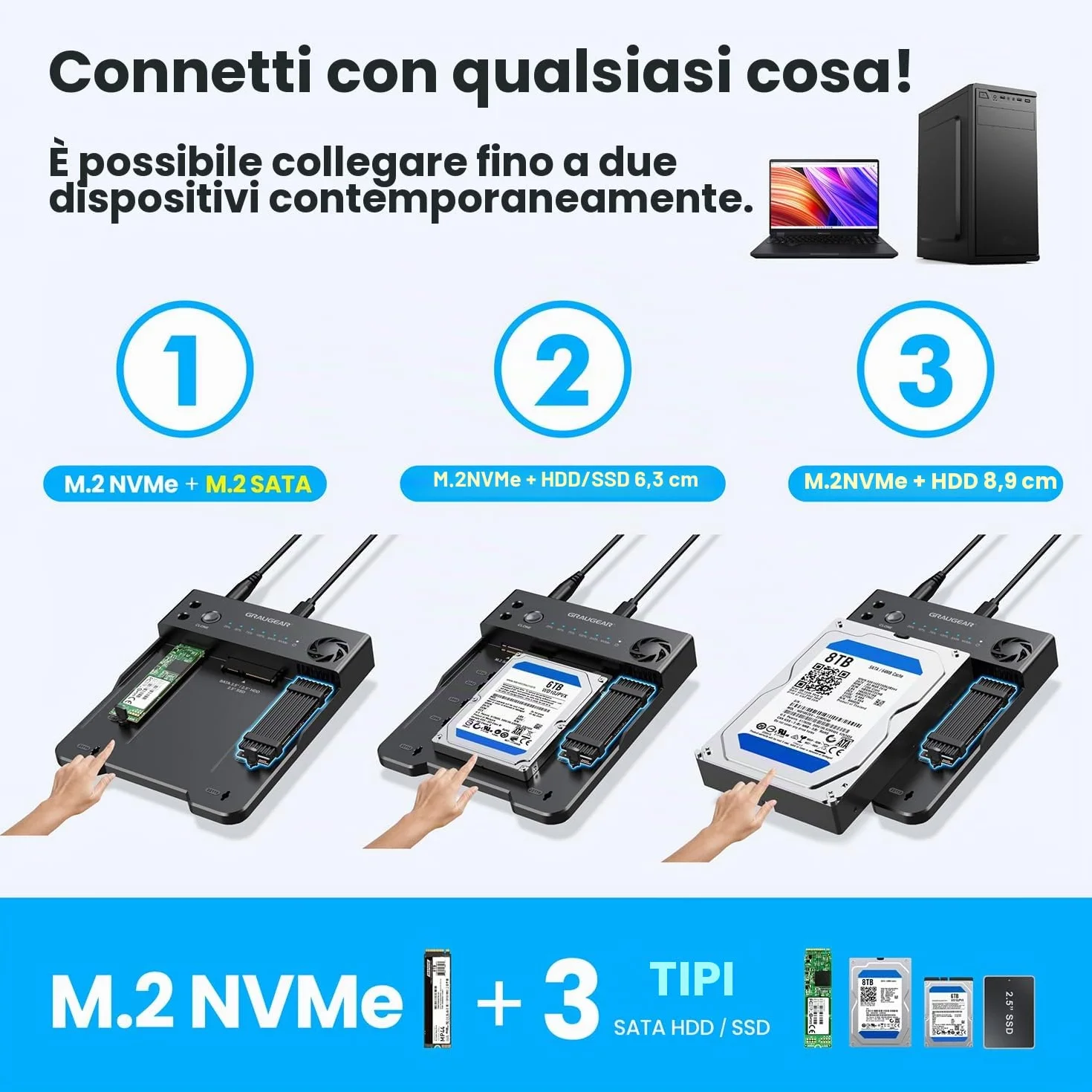 GRAUGEAR Stazione di Clonazione Bidirezionale HDD SATA 2,5/3,5 SSD M.2 SATA NVMe Docking Station USB 3.2 Gen 2 10 Gbit/s USB-C