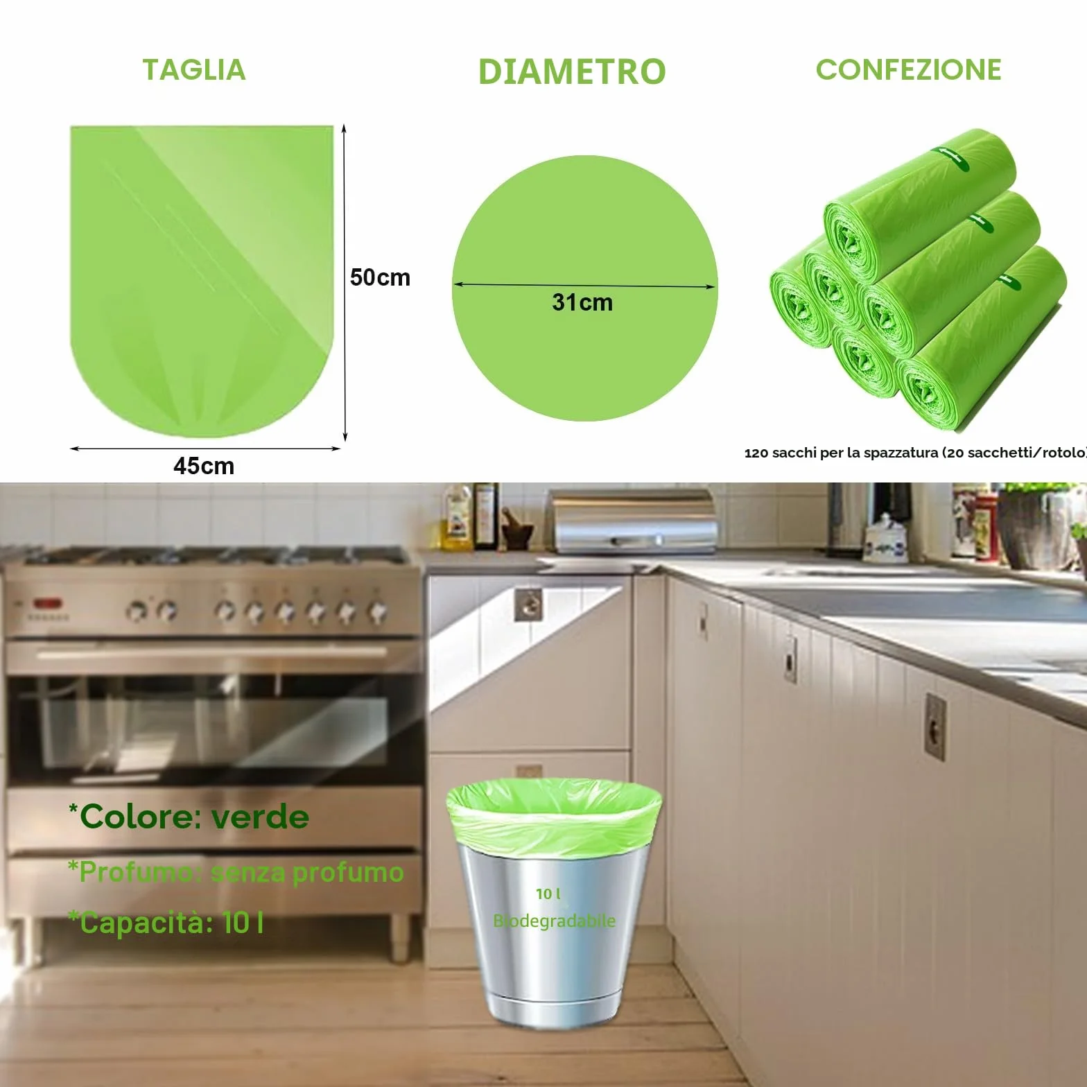 Sacchetti biodegradabili per rifiuti alimentari 10 L, 120 pezzi, compostabili, colore verde