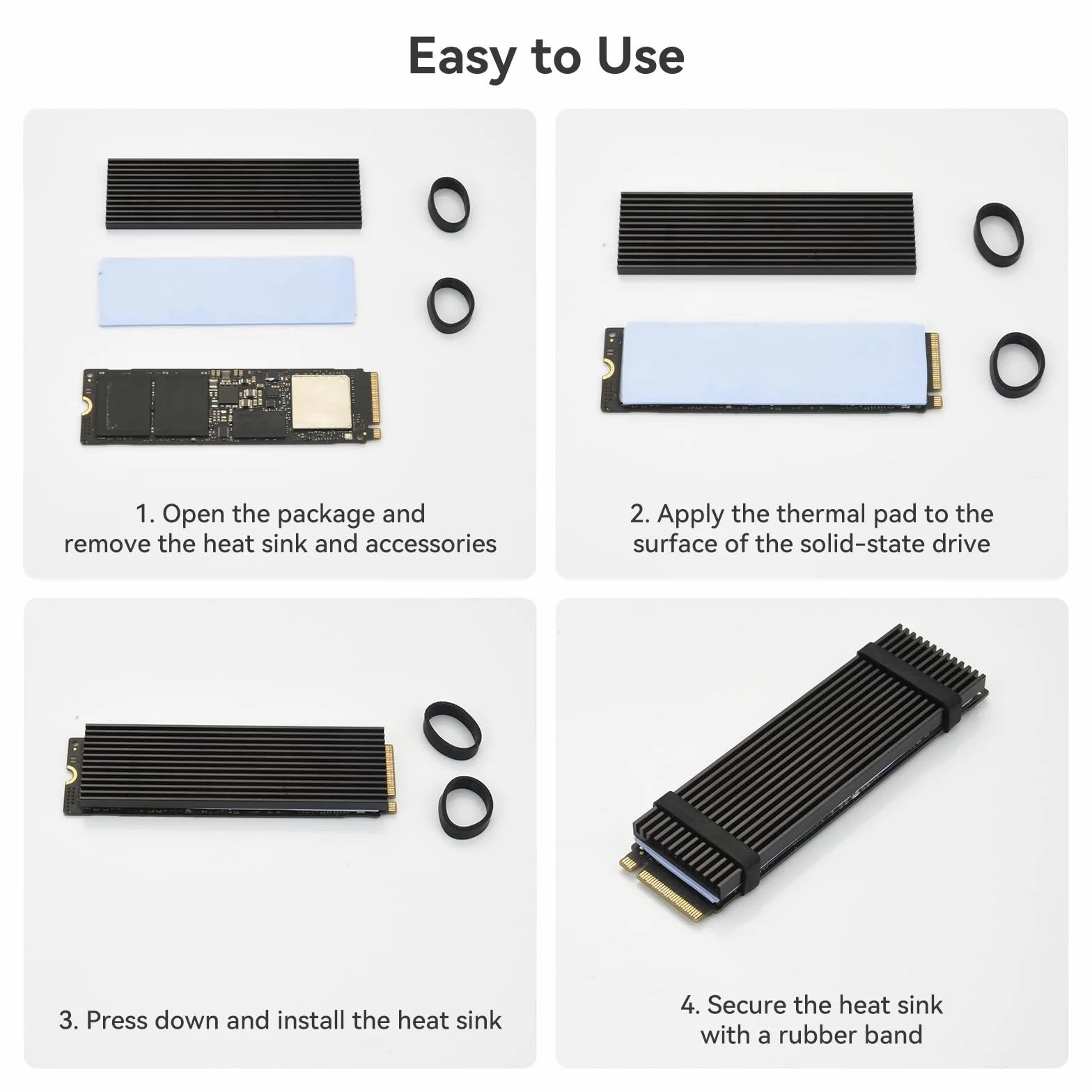 OTraki 4 Pezzi Dissipatore di Calore SSD M.2, 5,M2 2280 NVMe SSD Hard Disk Alluminio Dissipatore di Calore con Cuscinetto Termico in Silicone e 8 Fascette in Gomma,Termici in Silicone con PC fisso/PS5