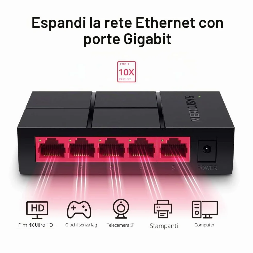 Mercusys MS105G Switch Ethernet 5 Porte Gigabit, Sdoppiatore Ethernet, Auto-Negotiation, Auto MDI/MDIX Switching, Plug & Play, MAC Address Learning, Ideale per la Casa e il Ufficio