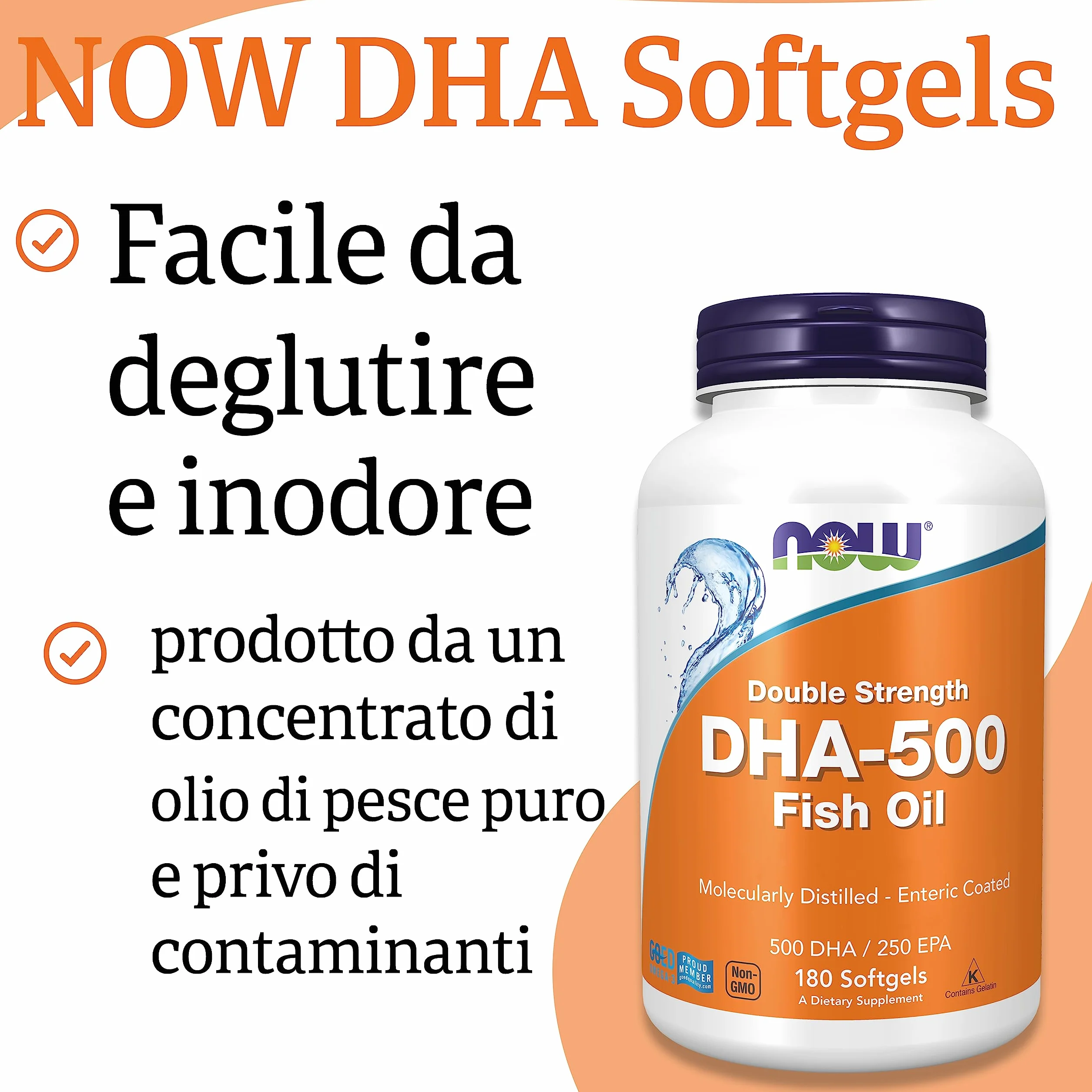 Now Foods DHA-500 Doppia Forza 180 Capsule morbide Olio di Pesce EPA Vitamina E
