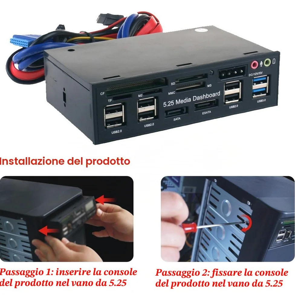 Scheda di memoria multifunzione USB 3.0 Hub eSATA SATA Lettore di schede interne PC Media Dashboard Media Pannello frontale per SD MS CF TF M2 Schede di memoria MMC Adatto a 5,25 "