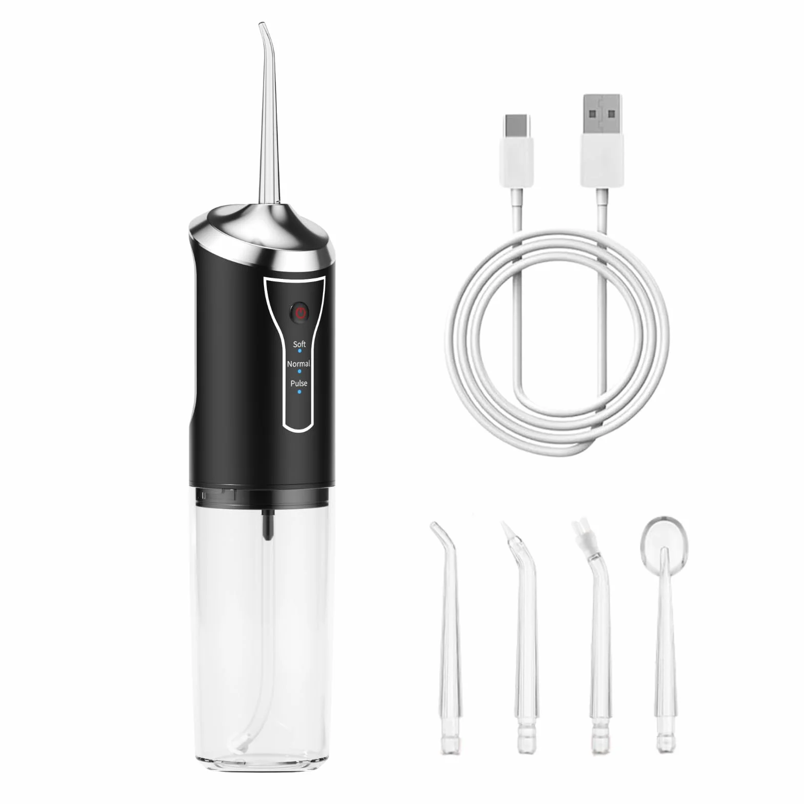 Irrigatore Orale Senza Fili, Idropulsore Dentale Portatile, Water Flosser, 4 Bocchette, Ricarica USB, Nero