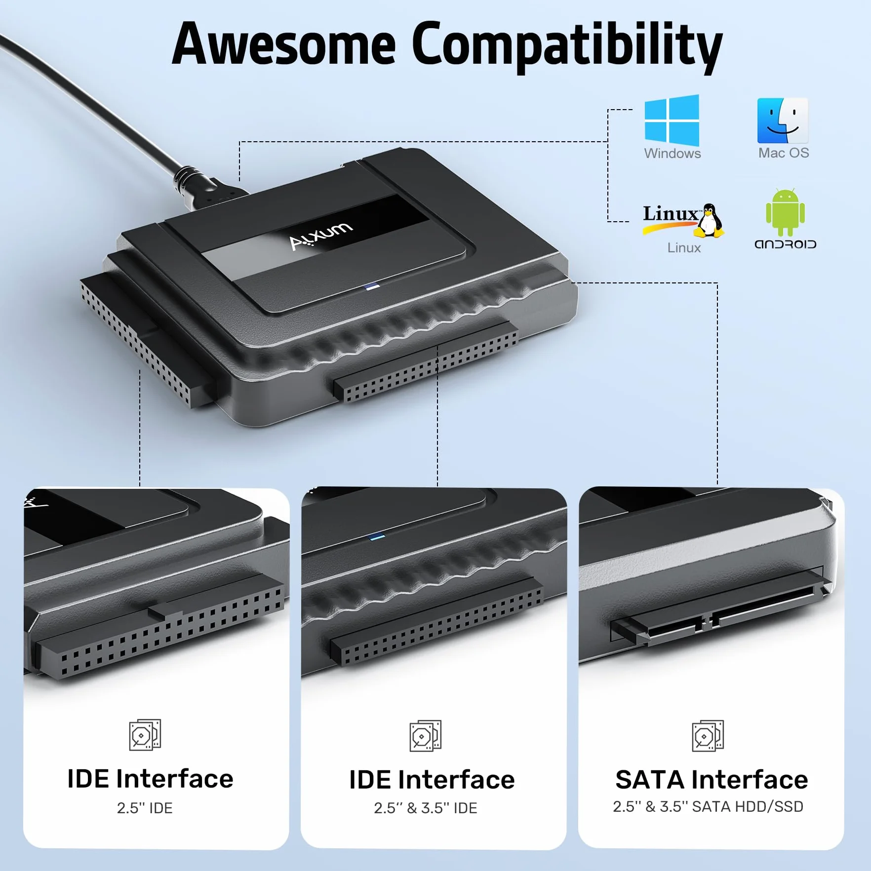 Alxum Adattatore da IDE a SATA per HDD 2,5/3,5 pollici e SSD SATA III con USB-C e Alimentatore 12V/2A