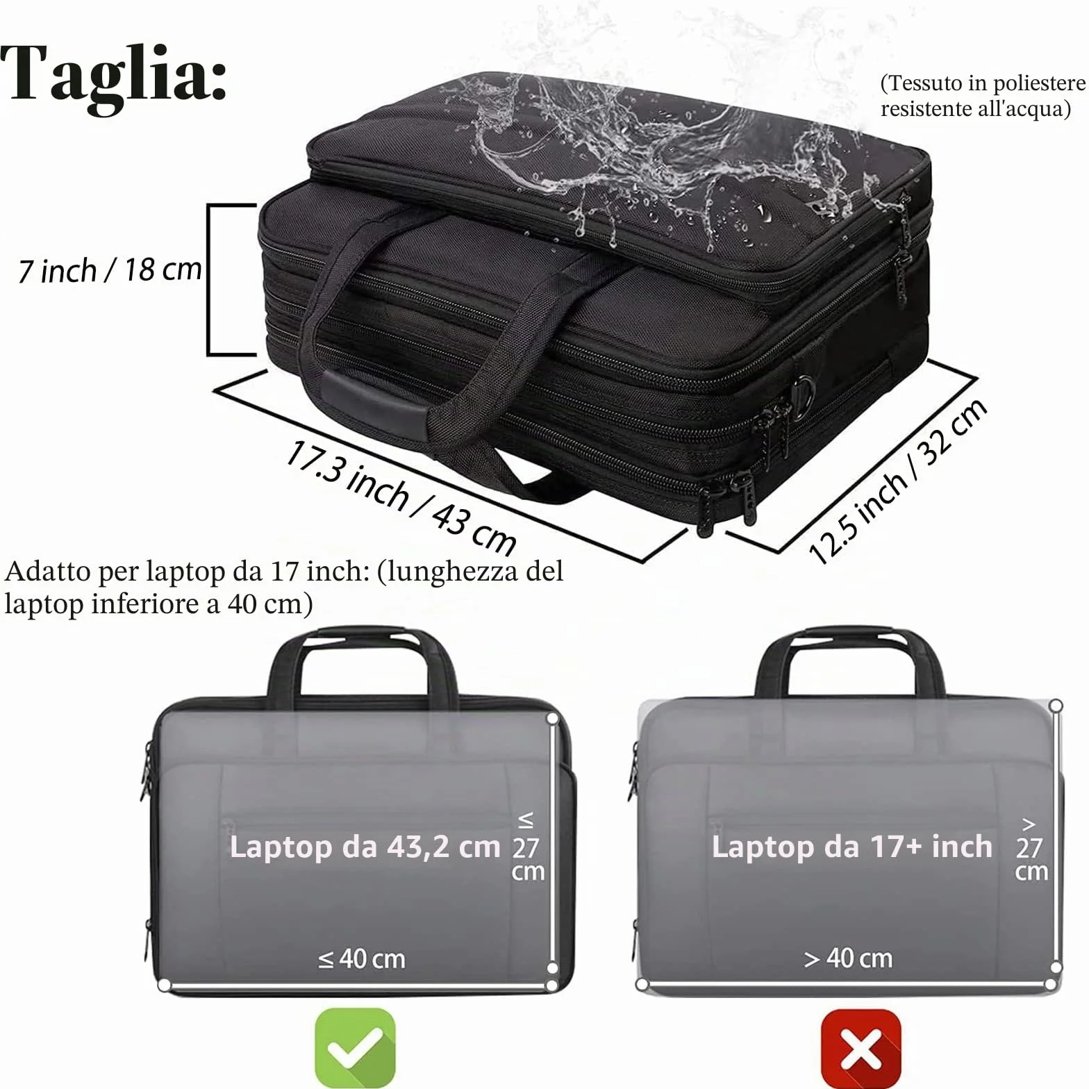 Borsa per laptop 17 pollici, valigetta da lavoro grande per uomo donna borsa a tracolla impermeabile borsa a tracolla, borsa per computer multifunzione espandibile per laptop tablet notebook, nero