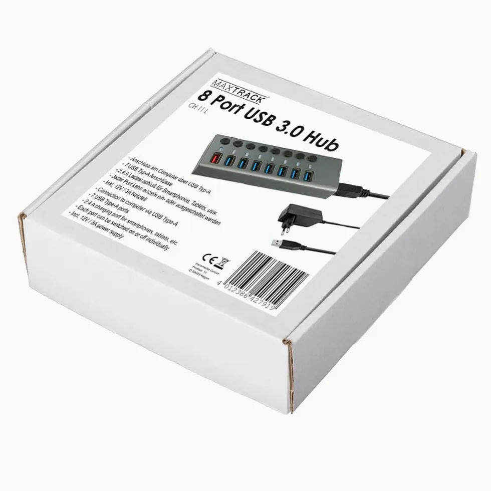 Transmedia USB HUB 3.0, 8 porte con interruttore e indicatore LED, incluso alimentatore 12 V/4 A, 7 x trasferimento dati e 1 x funzione di ricarica rapida, adatto per laptop e PC