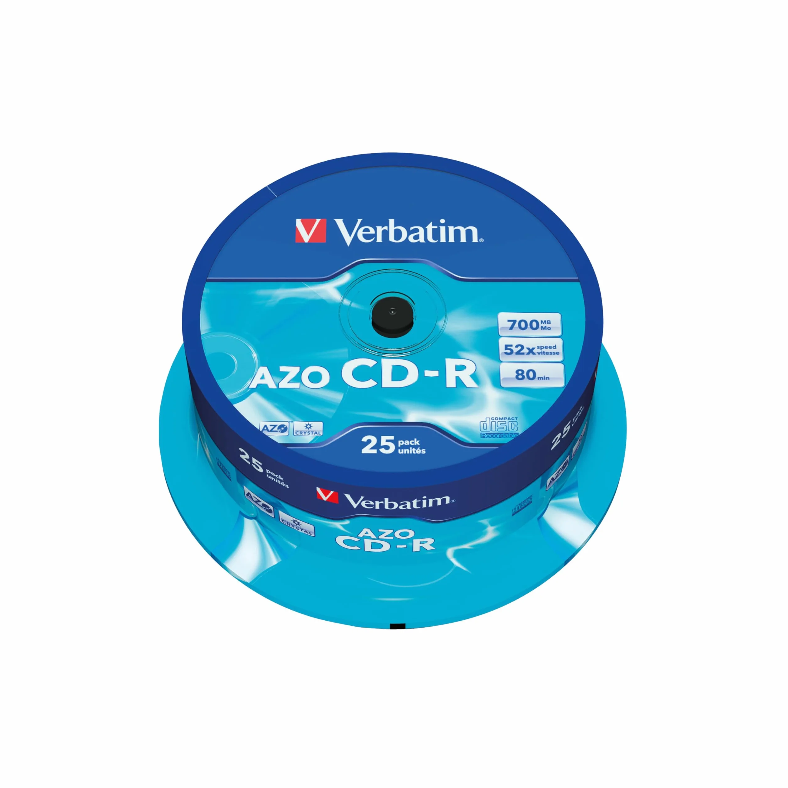 Verbatim CD-R AZO Crystal 700MB 80 Min 52x – Confezione da 25 Dischi in Spindle – Supporti Vergini per Masterizzazione Audio, Dati e Backup ad Alta Affidabilità