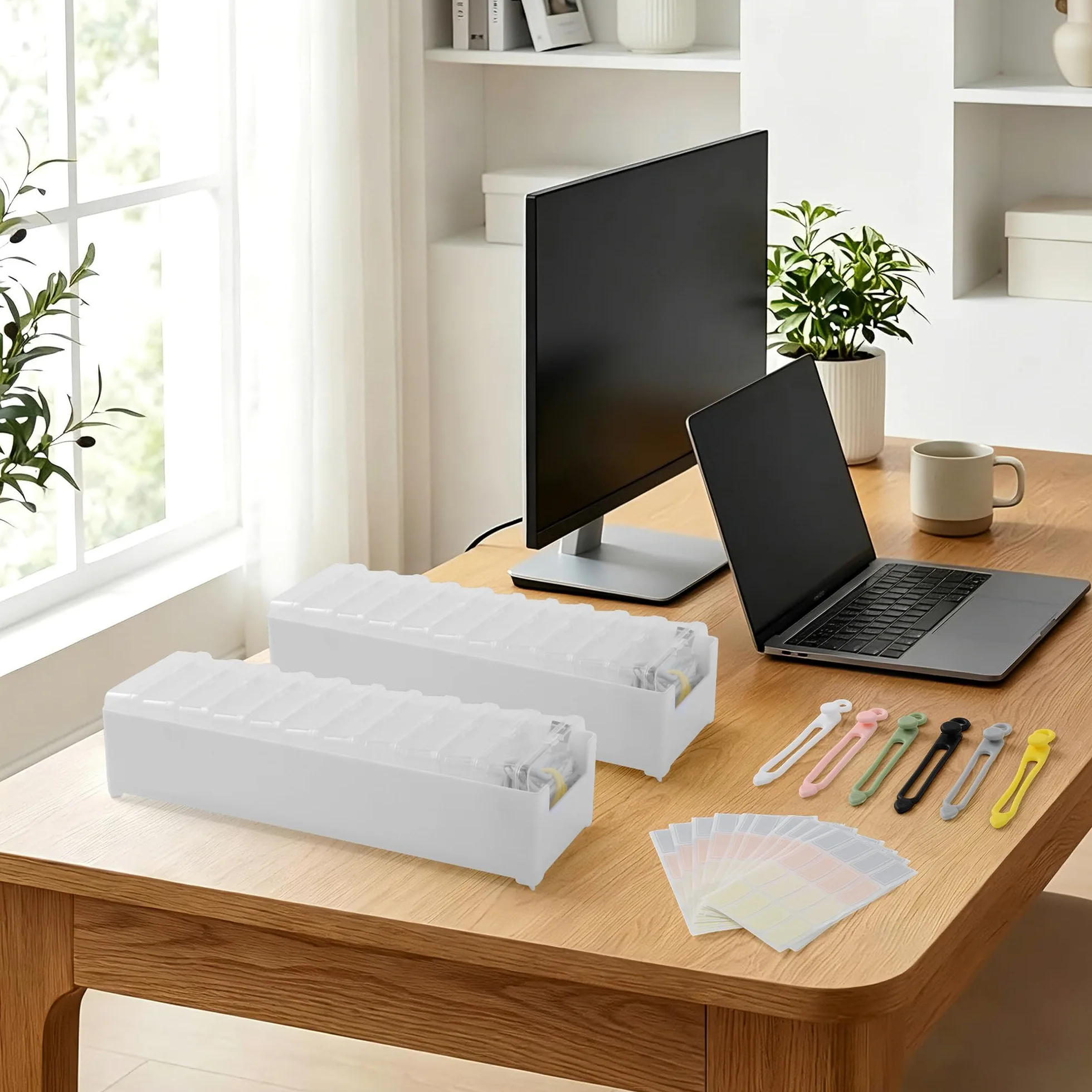 Confezione da 2 organizer per cavi con fascette metalliche, organizer per caricabatterie da scrivania, organizer per caricabatterie con custodie trasparenti adesivi per ufficio e casa