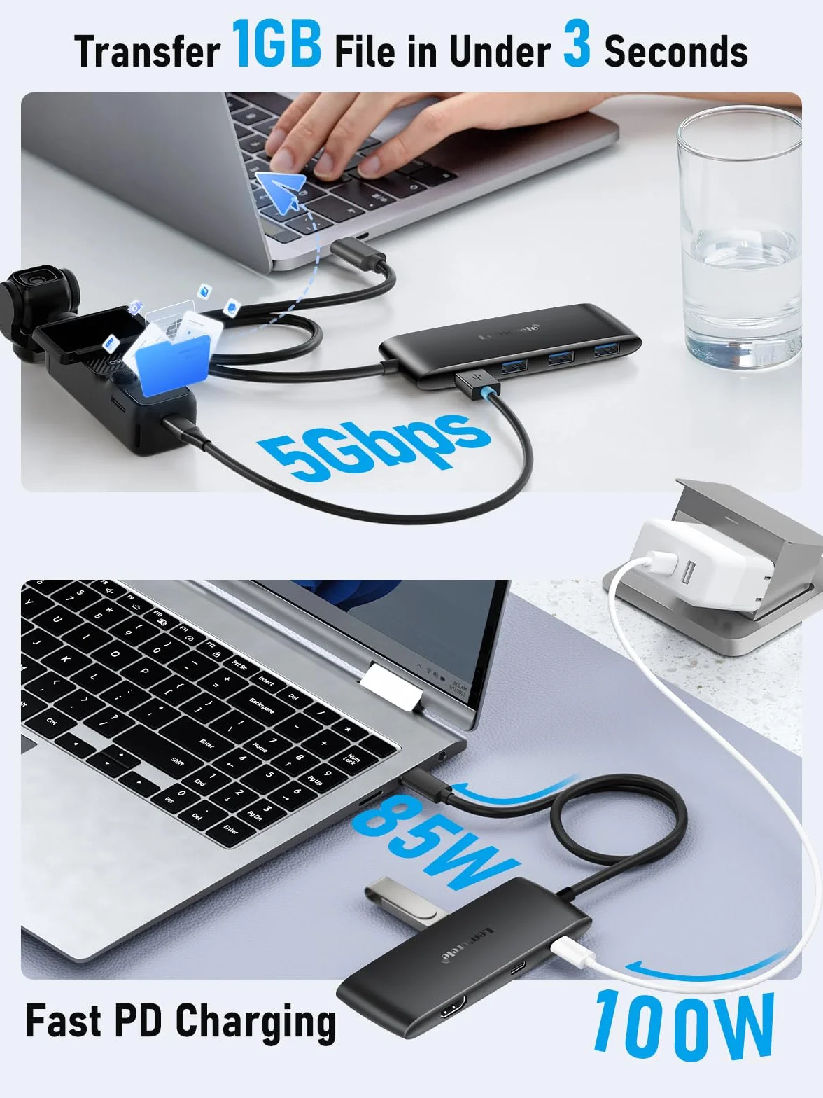 Lemorele Docking Station Dual Monitor, Hub USB C 7-in-1 con HDMI + Adattatore DP USB C 4K@60Hz, 3 Porte USB 3.0/2.0, Ricarica Rapida PD 100W, Plug and Play per Laptop Dell/HP/Surface/MacBook