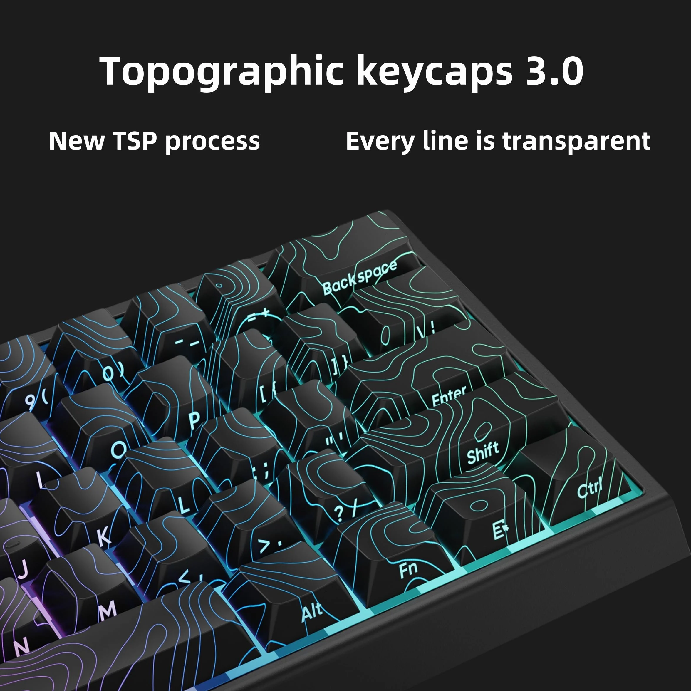 dagaladoo, Copritasti in PBT traslucidi con stampa laterale, 60–75–100%, linee retroilluminate, profilo Cherry, colore nero topografico (solo copritasti)