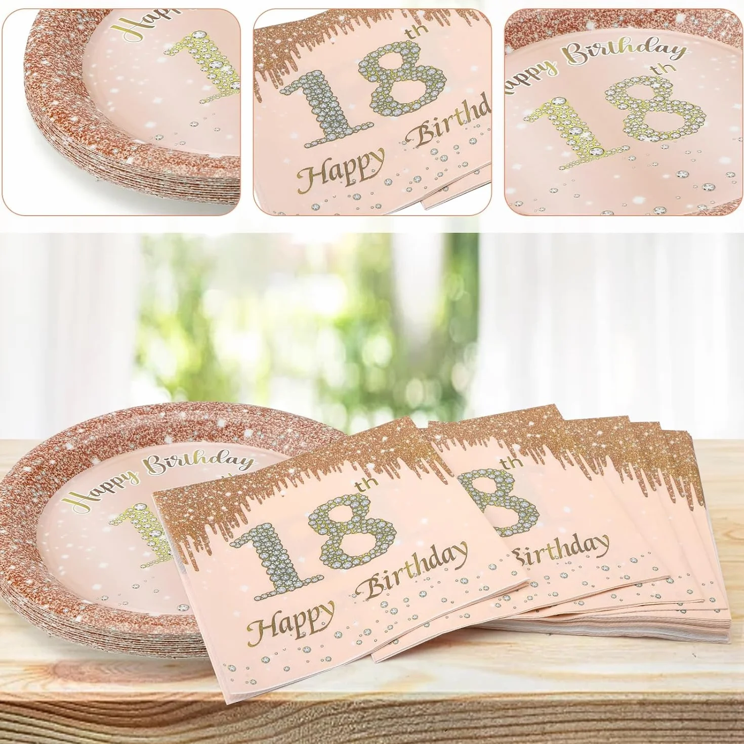 Decorazione 18° Compleanno, 16 Piatti di Carta 18 cm e 20 Tovaglioli 16,5 cm Rosa