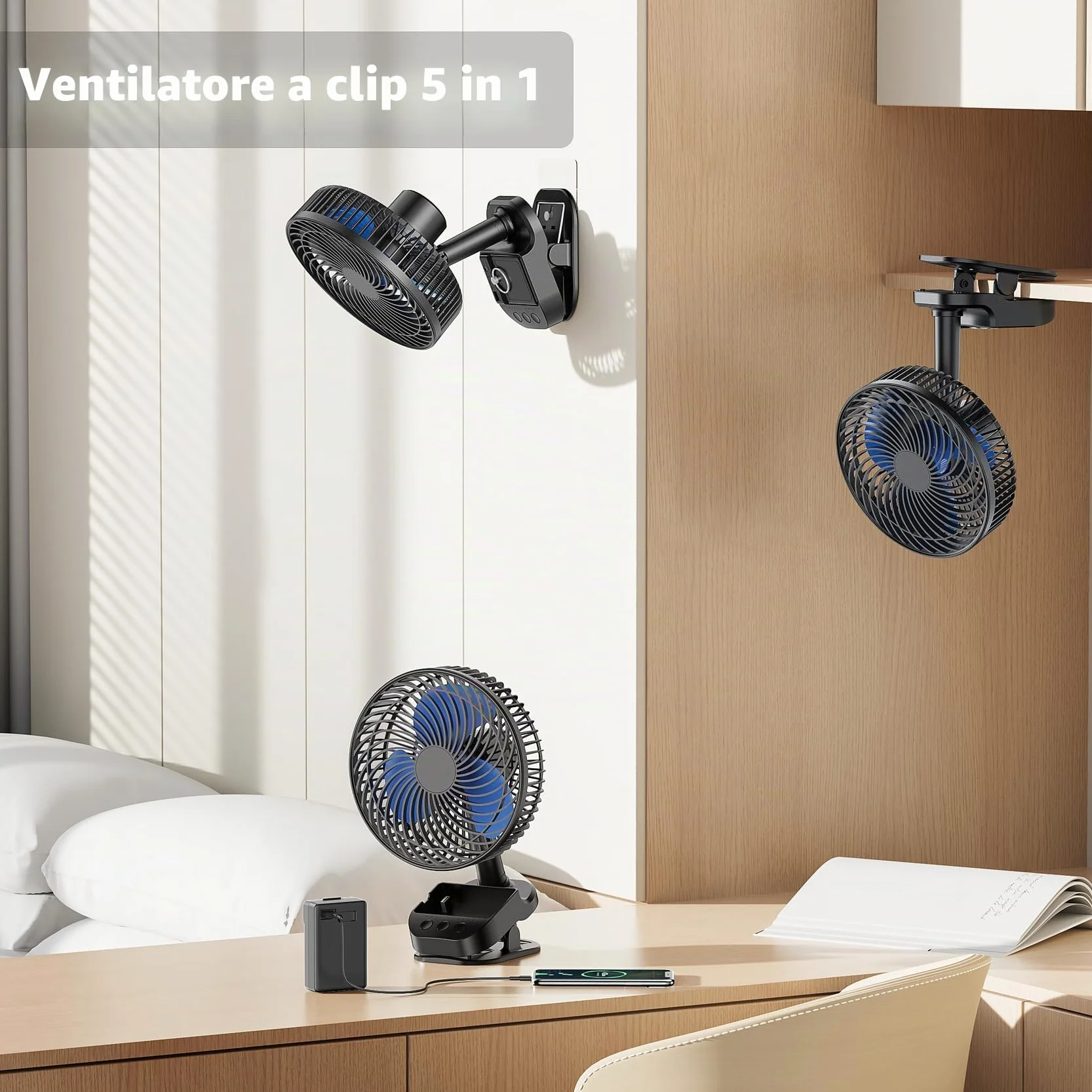 ATEngeus Ventilatore USB 4 in1, Ventilatore con clip da 8 inch, Ventilatore batteria da 10000 mAh, 5 velocità, Rotazione multi-angolo, Funzione Cronometraggio, con clip e gancio, per casa, ufficio