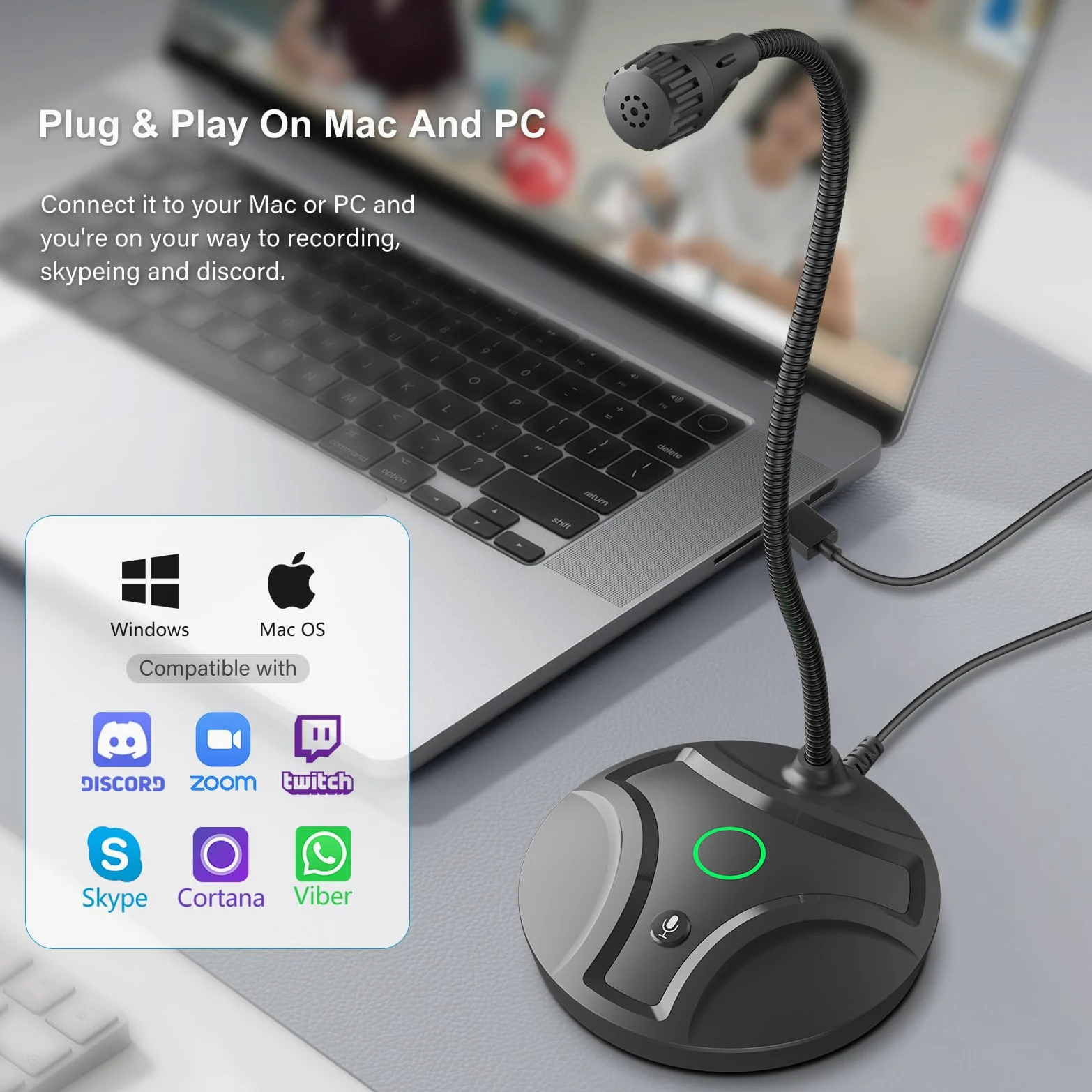 Microfono USB per computer Plug & Play, collo d'oca flessibile e pulsante di disattivazione LED, microfono da tavolo per giochi, YouTube, Streaming, compatibile con Windows/Mac (1,8 m)
