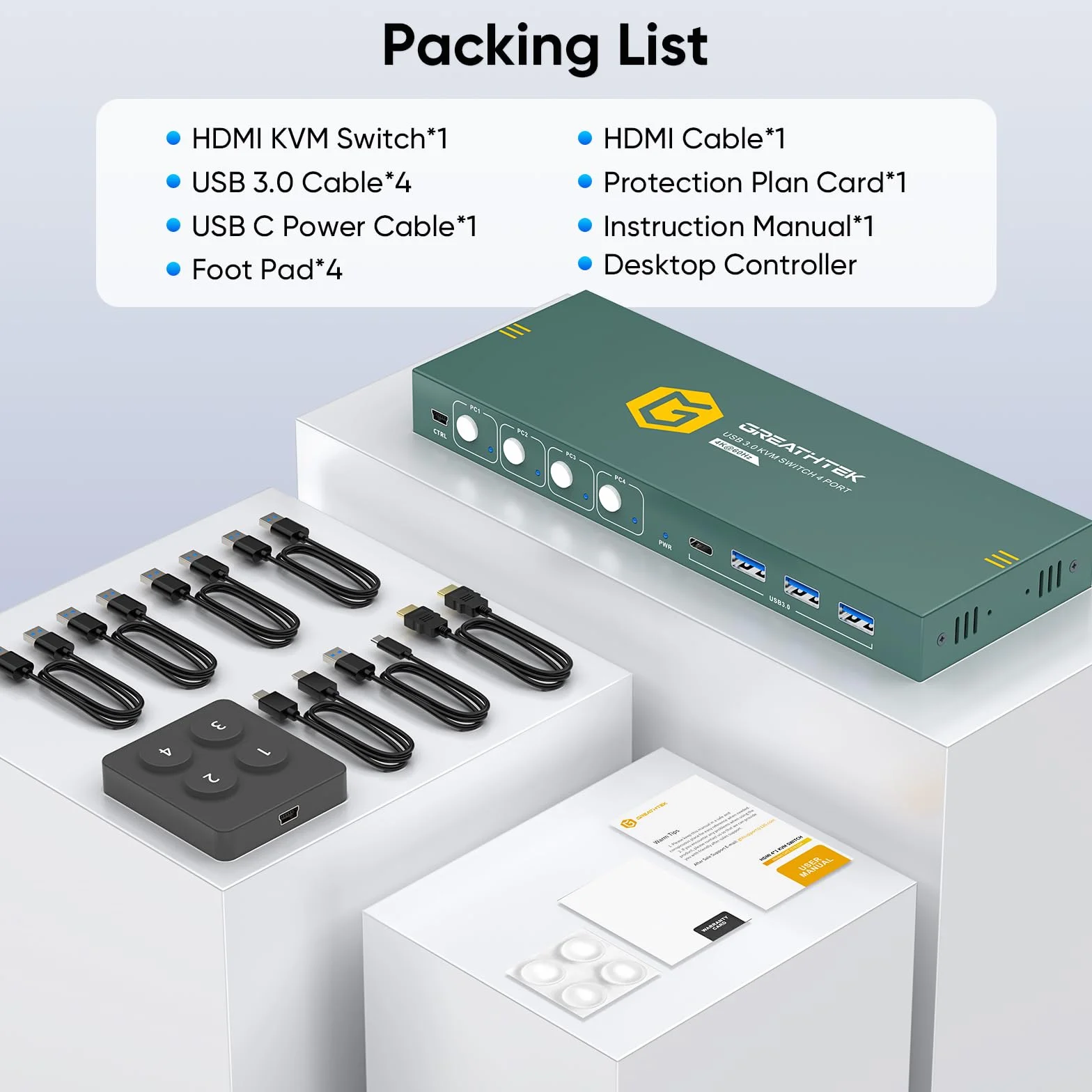 KVM Switch HDMI 4 porte 4K@60Hz, supporto EDID, USB 3.0 KVM switch Hdmi, HDMI2.0, HDCP2.2, KVM Switch 4 PC 1 monitor, tastiera e mouse a 4 porte con 1 cavo HDMI e 4 cavi USB 3.0