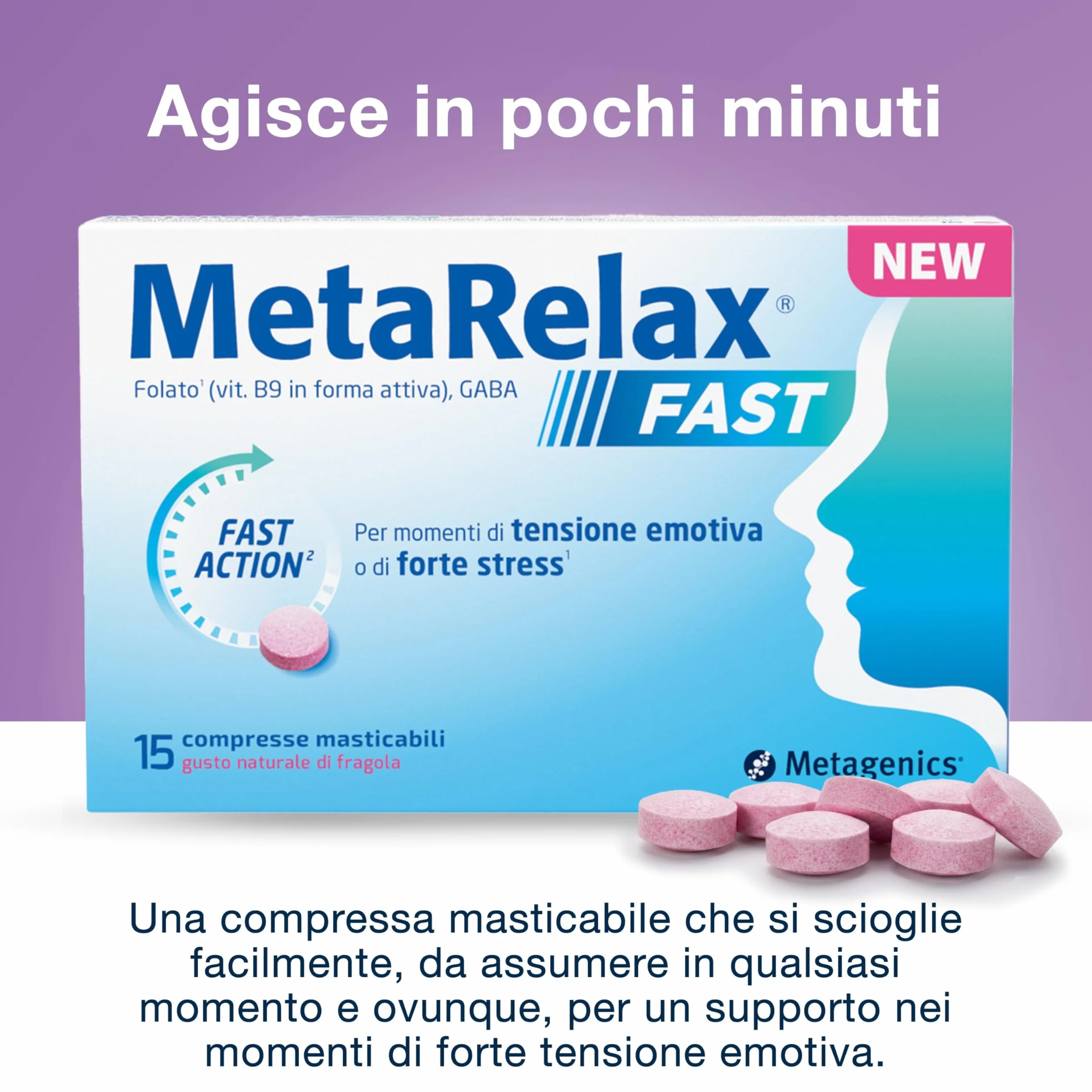 Metagenics MetaRelax Fast 15 compresse masticabili con GABA, folato attivo (MTHF) e magnesio