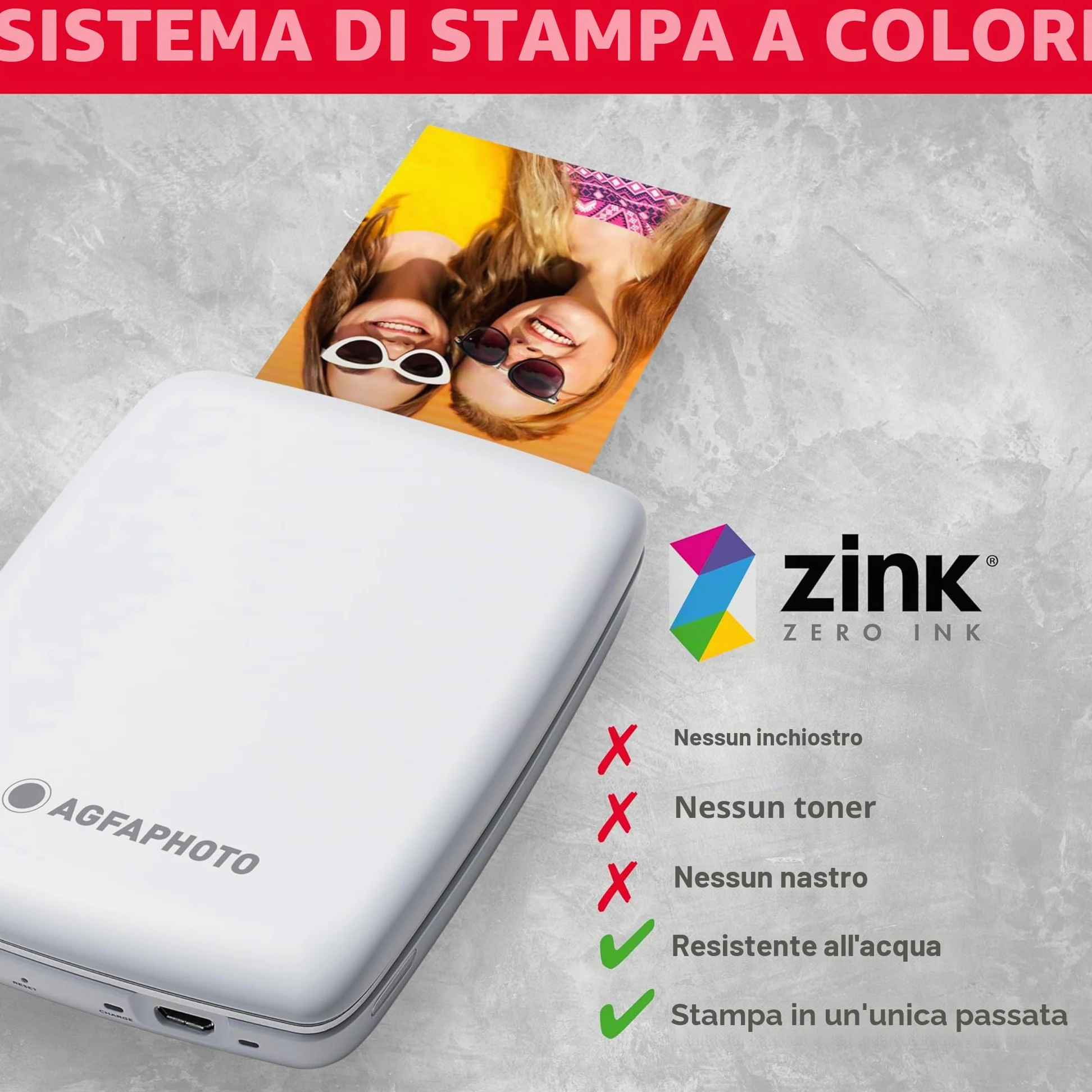 AGFA PHOTO Mini P.2 - Stampante Portatile Zink per Foto Istantanee - Stampa Facile e Veloce - Stampante Fotografica 75 x 50 mm Portatile senza Inchiostro per Smartphone e Tablet - Bianco