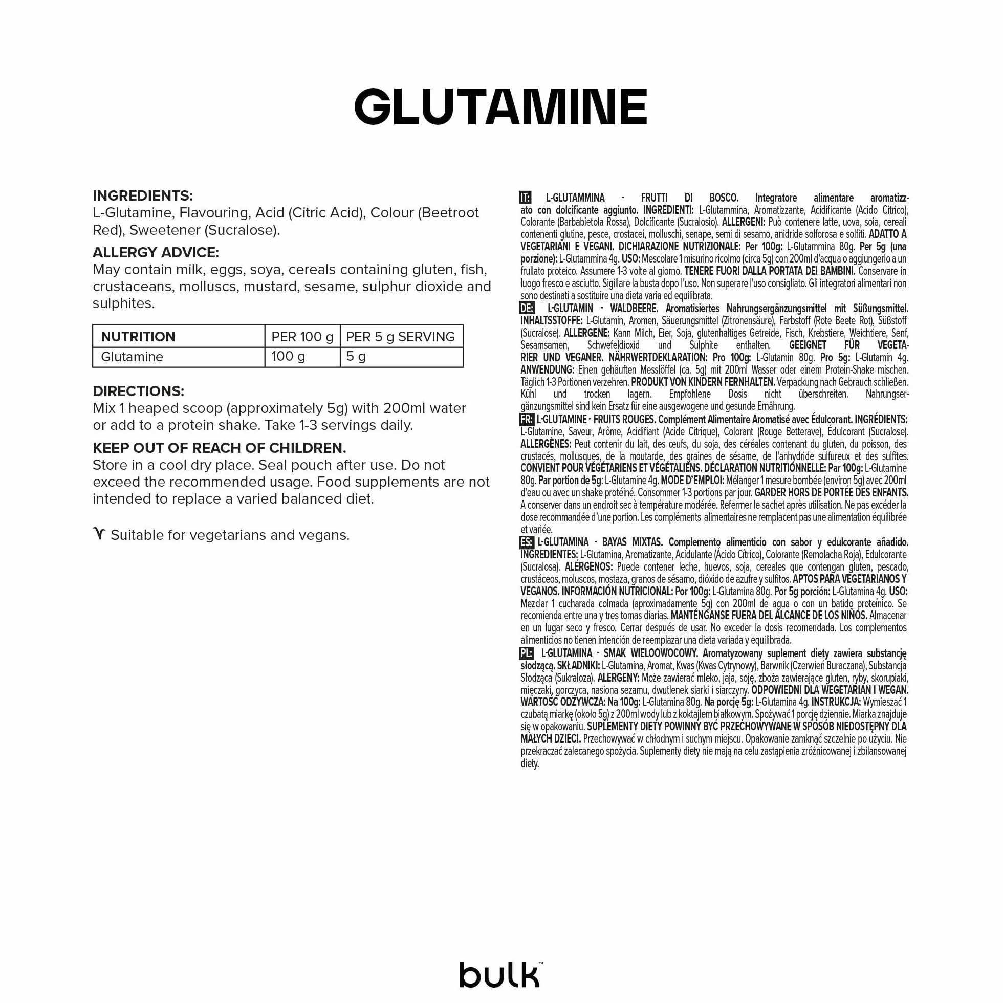 Bulk Pure L-Glutamine Powder Mixed Berry 500 g Frutti di Bosco 100 Porzioni